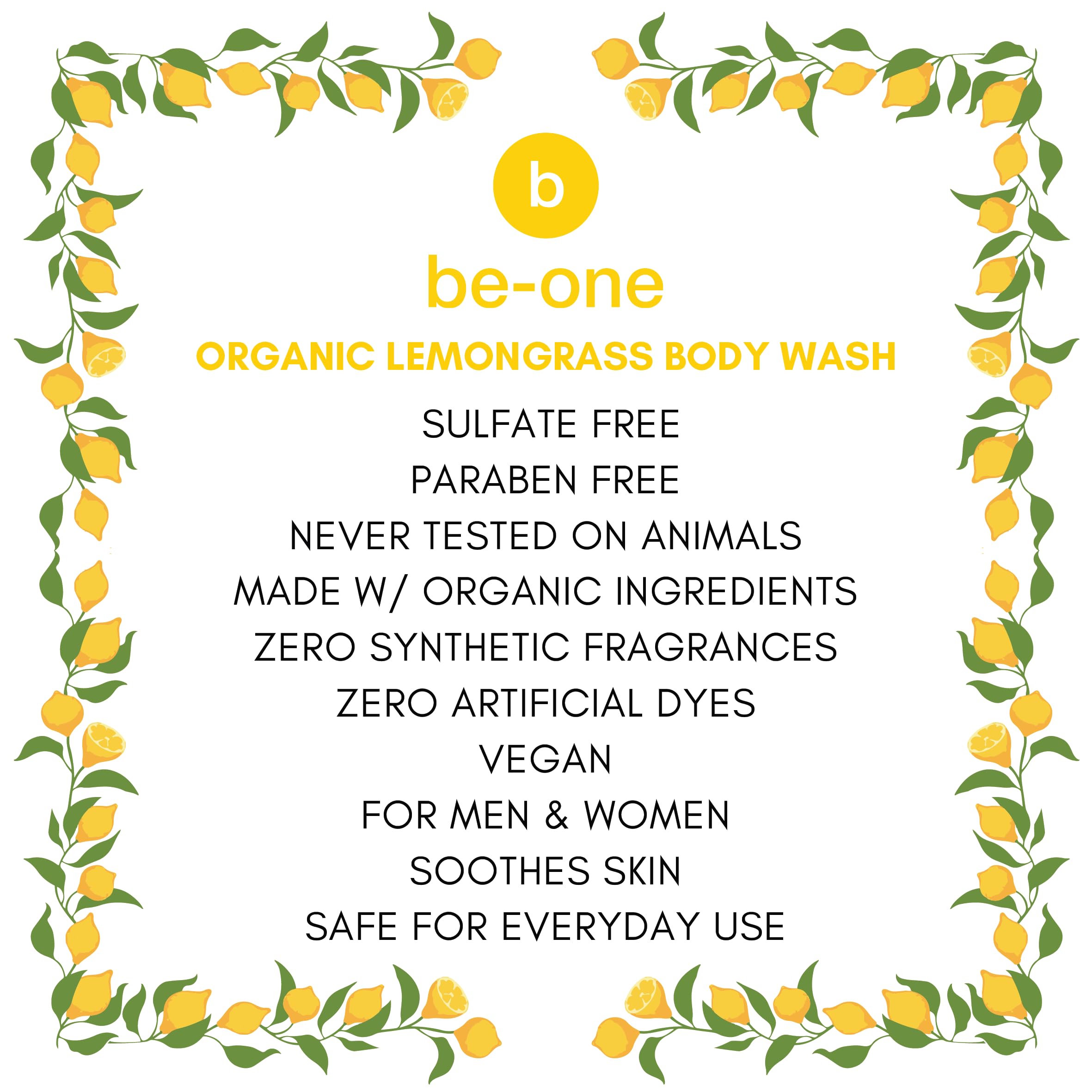 BE-ONE ORGANICS Certified Organic Lemongrass Body Wash Body Wash - Paraben & Sulfate Free - All Natural - Eczema - Sensitive Skin - Vegan - Gentle - For Men & Women - MADE IN USA