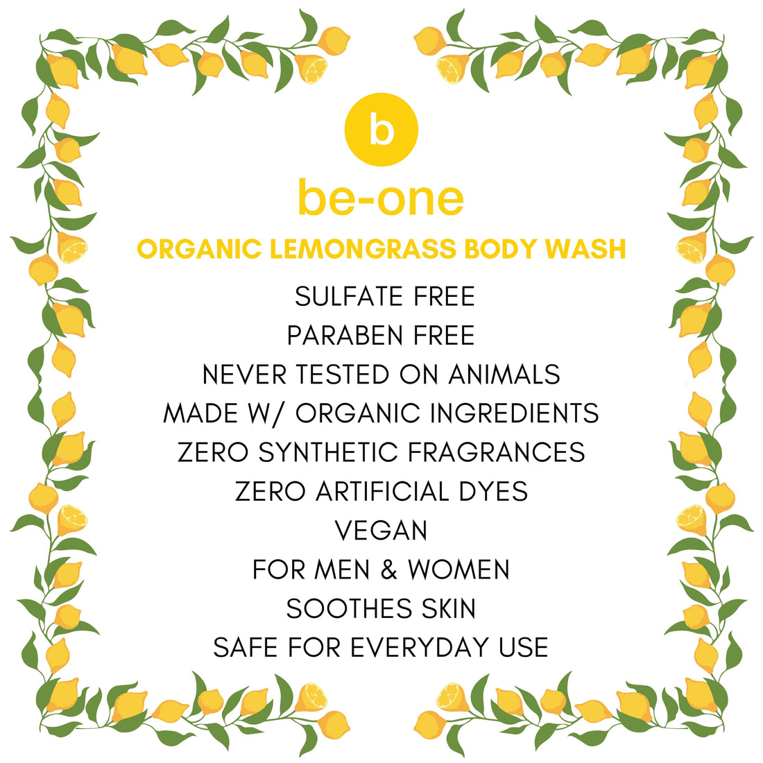 BE-ONE ORGANICS Certified Organic Lemongrass Body Wash Body Wash - Paraben & Sulfate Free - All Natural - Eczema - Sensitive Skin - Vegan - Gentle - For Men & Women - MADE IN USA