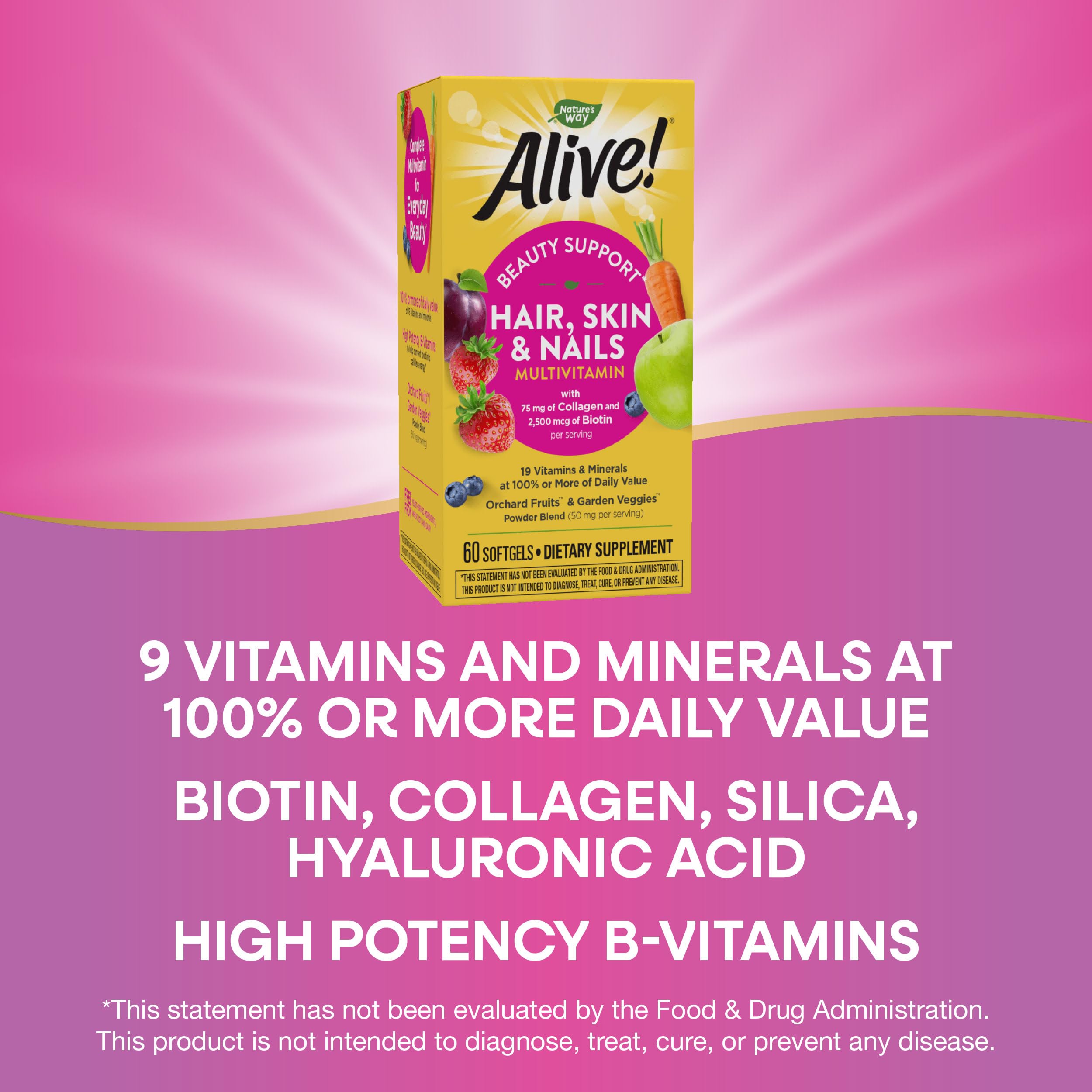 Nature's Way Alive! Hair, Skin & Nails Multivitamin with Biotin and Collagen, 60 Softgels
