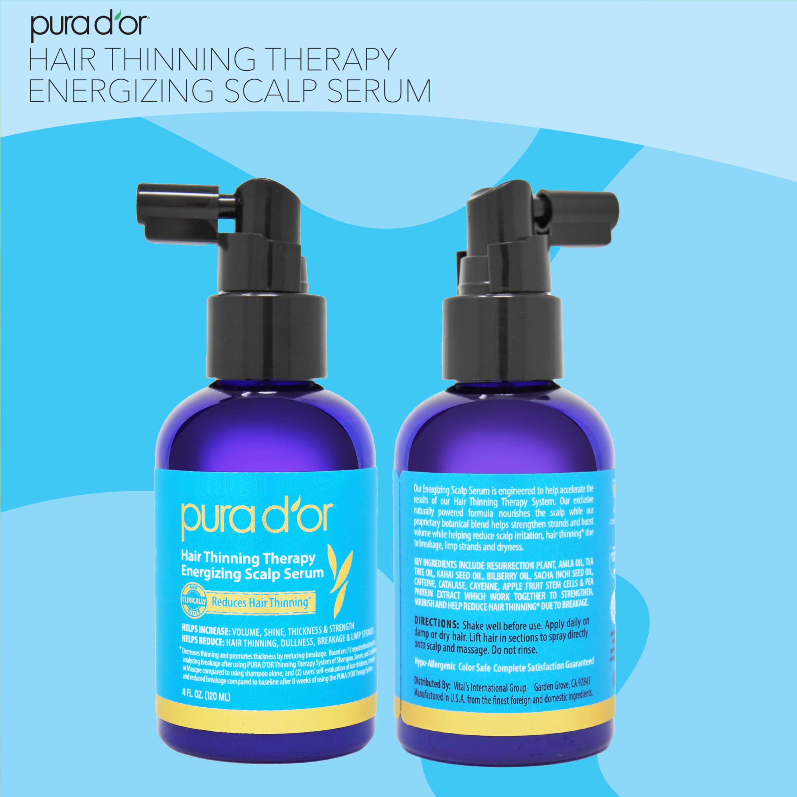 PURA D'OR Hair Thinning Therapy Energizing Scalp Serum Revitalizer (4oz) with Argan Oil, Biotin, Caffeine, Stem Cell, Catalase & DHT Blockers, All Hair Types, Men & Women (Packaging may vary)