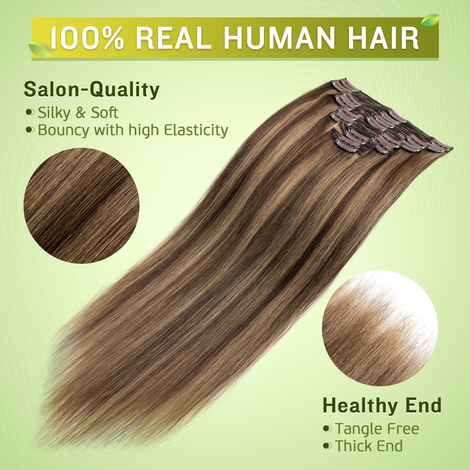 Double Weft 100% Remy Human Hair Clip in Extensions Highlight 14'-22' Grade 7A Quality Full Head Thick Long Soft Silky Straight 8pcs 18clips (16 / 16 inch 130g ,#4/27 Medium brown / Dark Blonde)