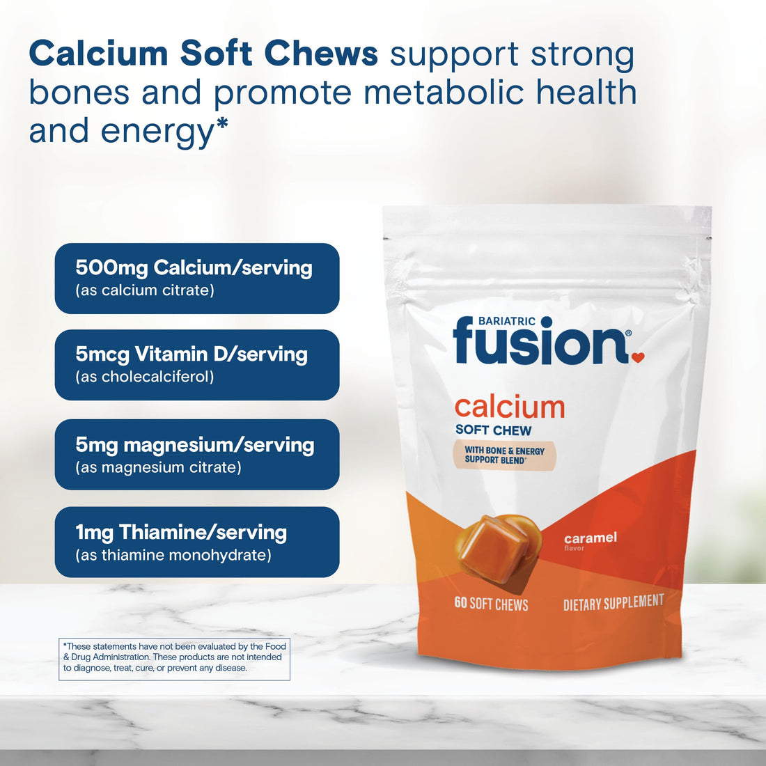 Bariatric Fusion Bariatric Calcium Chews | Calcium Citrate with Vitamin D3 Calcium Supplement Bariatric Vitamin | Sugar Free Calcium Citrate Chewable | Calcium Citrate 500mg | Caramel | 60 Count