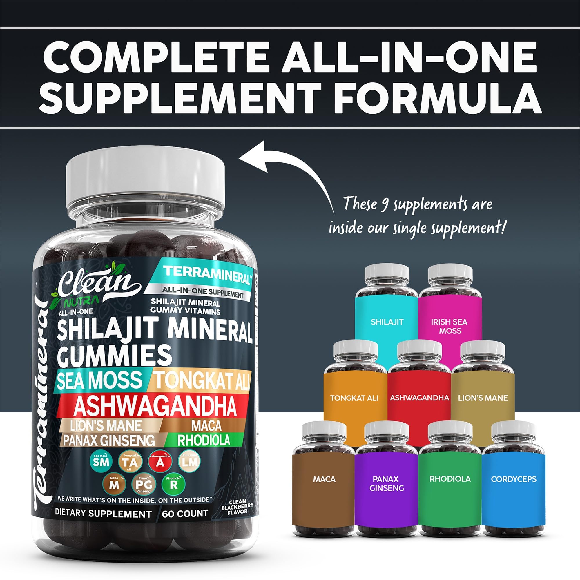 Terramineral Shilajit Gummies with Irish Sea Moss Tongkat Ali Ashwagandha Lion's Mane MACA Panax Ginseng Rhodiola & Cordyceps by Clean Nutra (1)