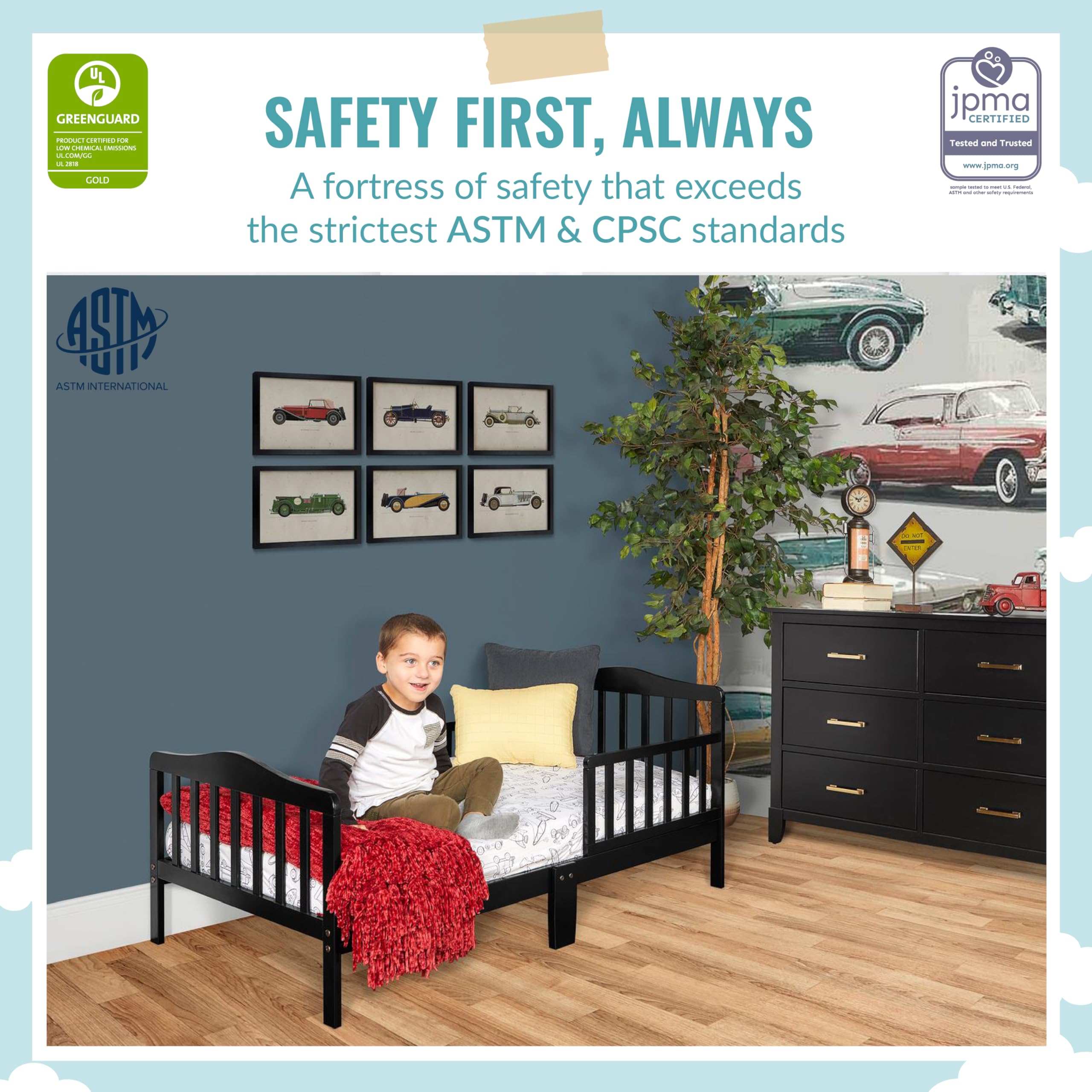 Dream On Me Classic Design Toddler Bed In Black, Greenguard Gold And JPMA Certified, Low To Floor Design, Two Side Safety rails, Non-Toxic Finishes, Wooden Nursery Furniture