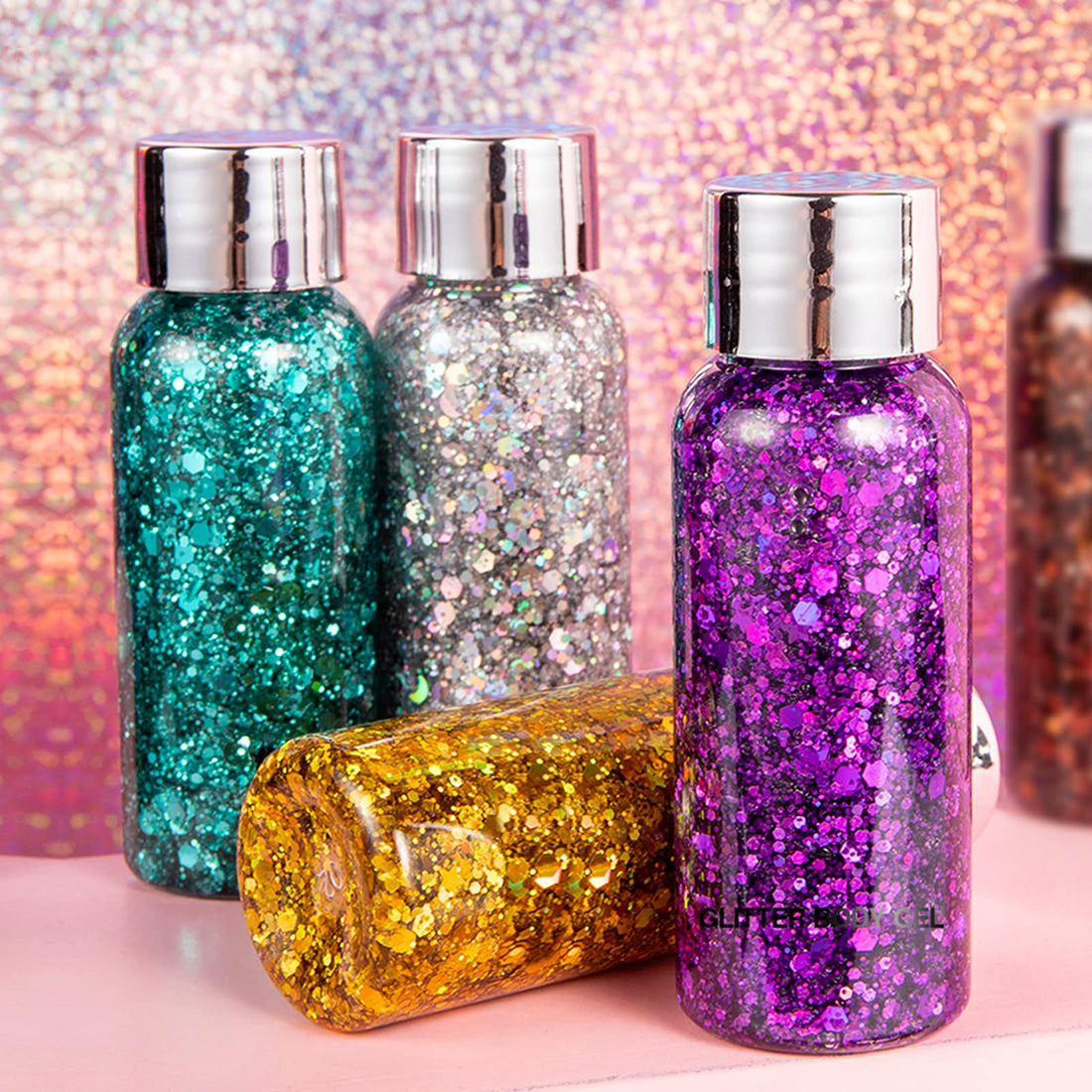 Body Glitter Gel Set 4 Colors Sequins Chunky Glitter Gel Colorful Eyeshadow Glitter Holographic Body Gel for Festival Party Face Makeup Hair Eye Lips Shimmer Gold,Silver,Purple,Green
