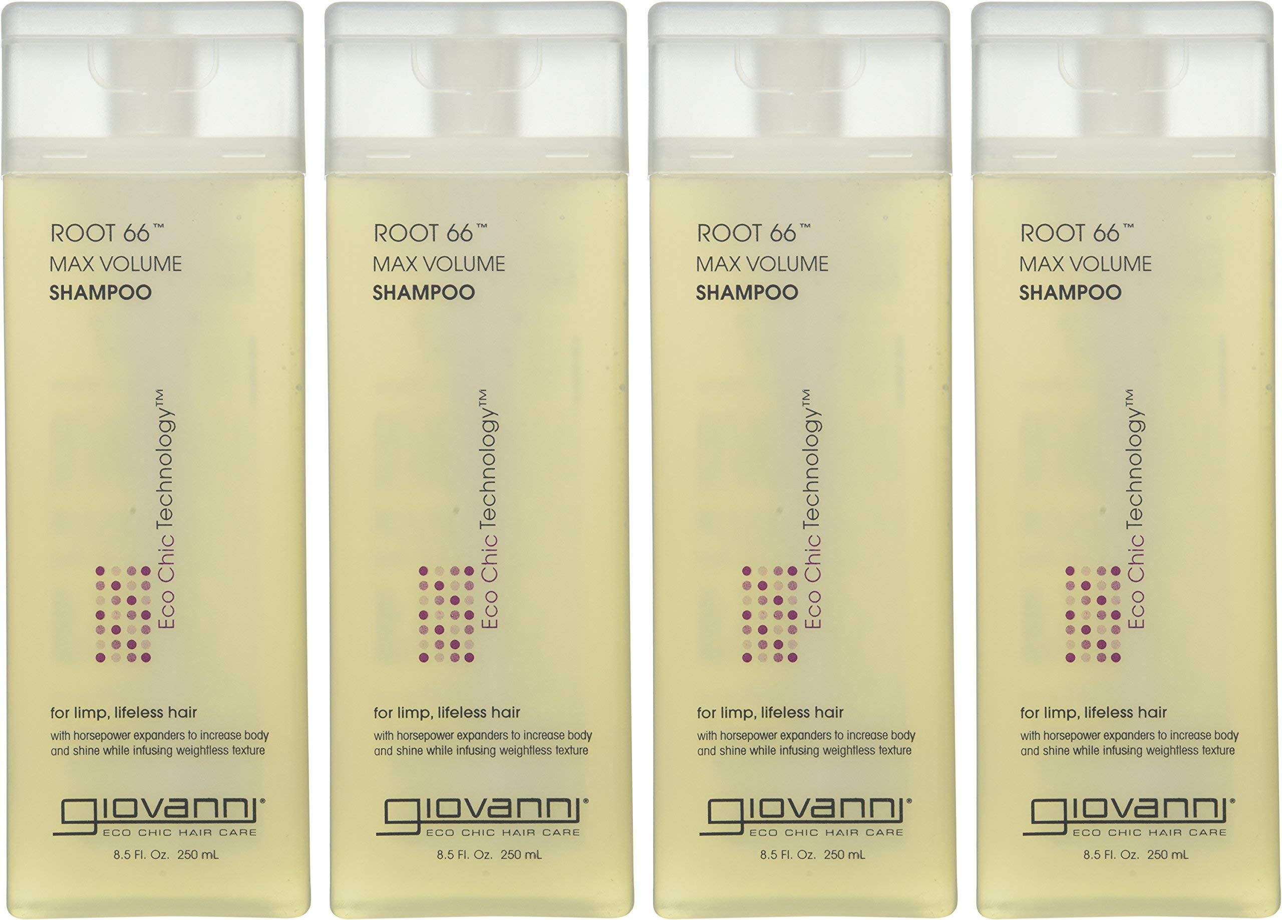 GIOVANNI Root 66 Max Volume Shampoo, 8.5 oz. for Fine Lifeless Hair, Rich in Nutrients, Pro-Vitamin B5, Horsetail Extract, Sea Salt, Kiwi, Sulfate Free, No Parabens, Color Safe (4 Pack).