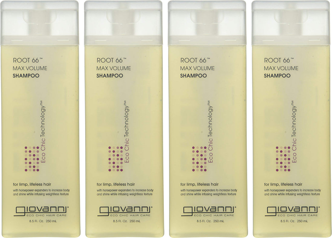 GIOVANNI Root 66 Max Volume Shampoo, 8.5 oz. for Fine Lifeless Hair, Rich in Nutrients, Pro-Vitamin B5, Horsetail Extract, Sea Salt, Kiwi, Sulfate Free, No Parabens, Color Safe (4 Pack).