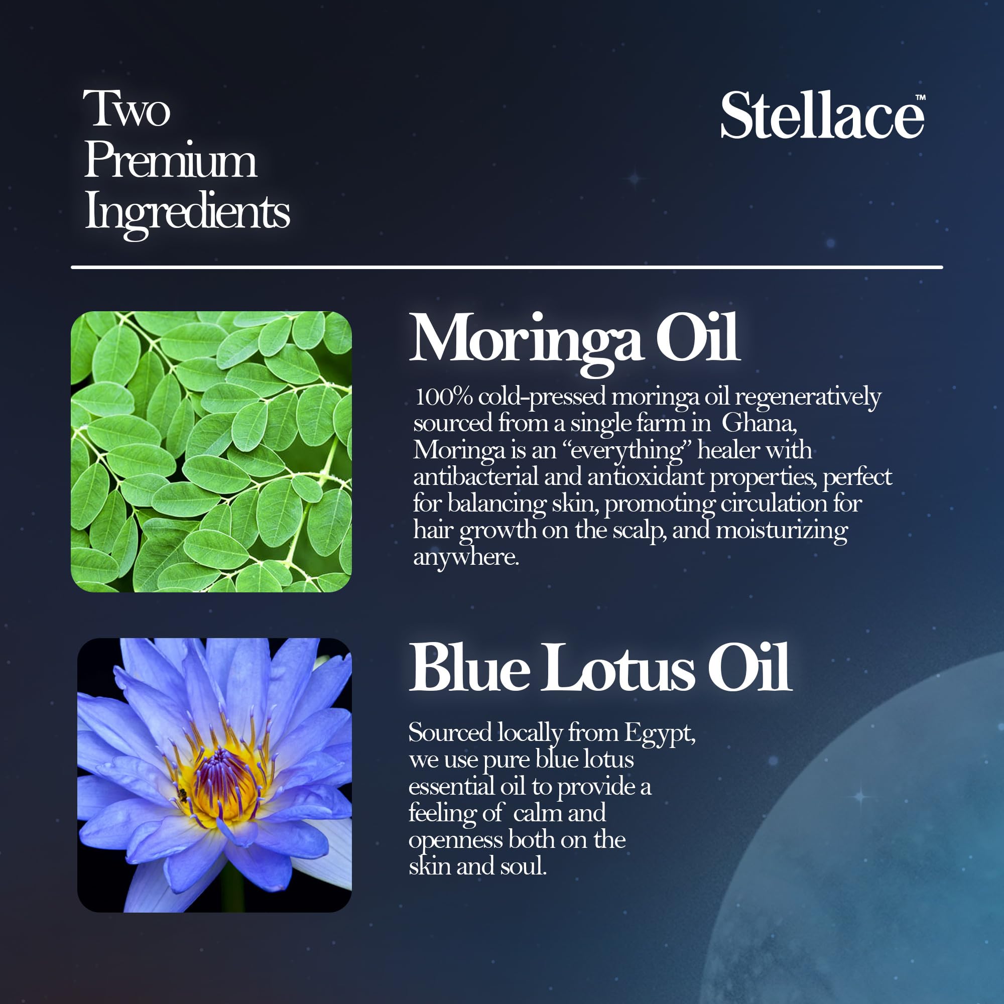 stellace Organic Egyptian Blue Lotus Moringa Oil - 60ml - 100% Pure & Natural Extract - Premium Therapeutic Grade For Face, Body and Hair Oil - Relaxation & Advanced Skin Care