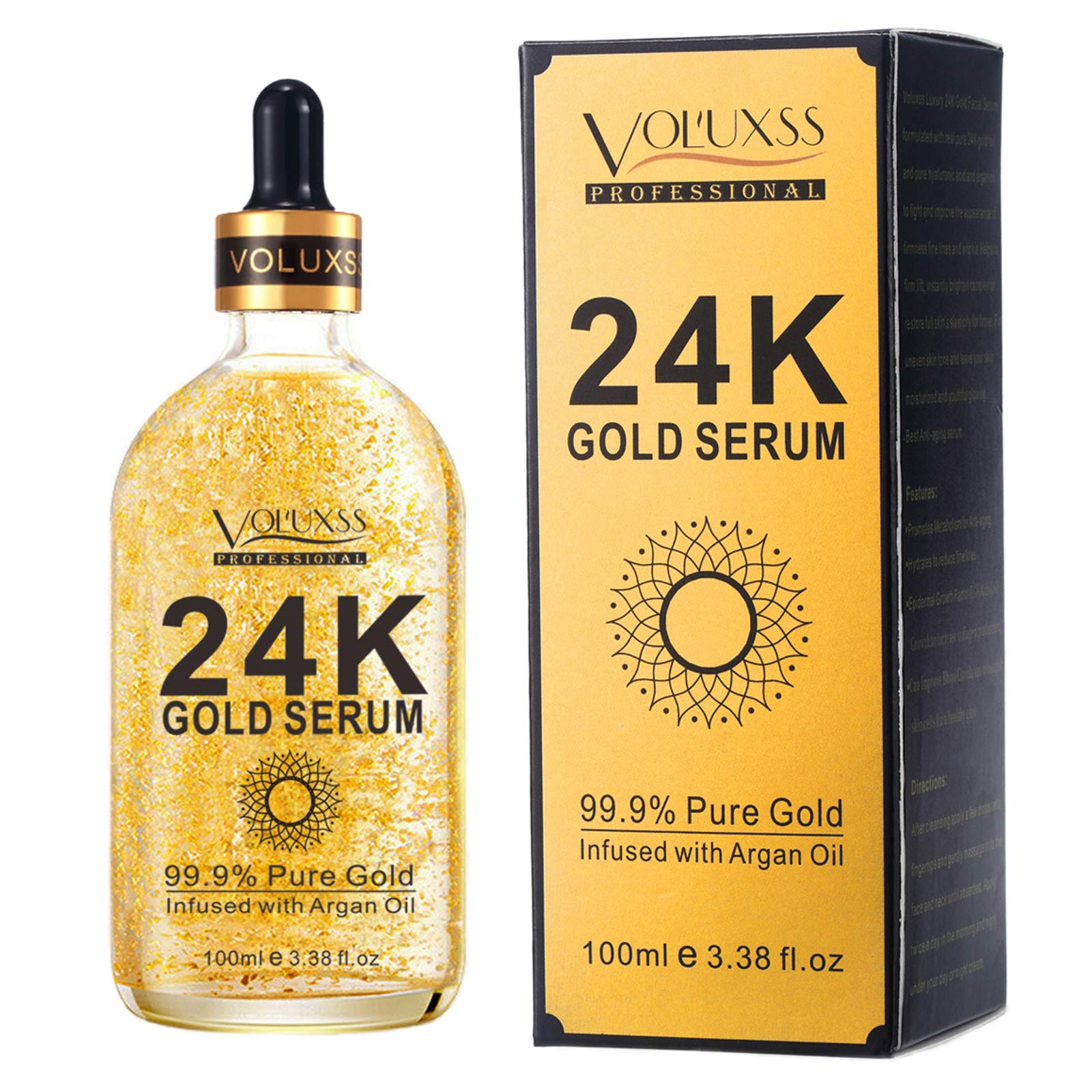Voluxss 24K Gold Serum for Face,Skin Brightening Anti Aging Face Serum Moisturizer with Vitamin C,Hyaluronic Acid & Argan Oil for Dark Spots & Fine Lines,Korean Skin Care Glow Collagen Booster Serum