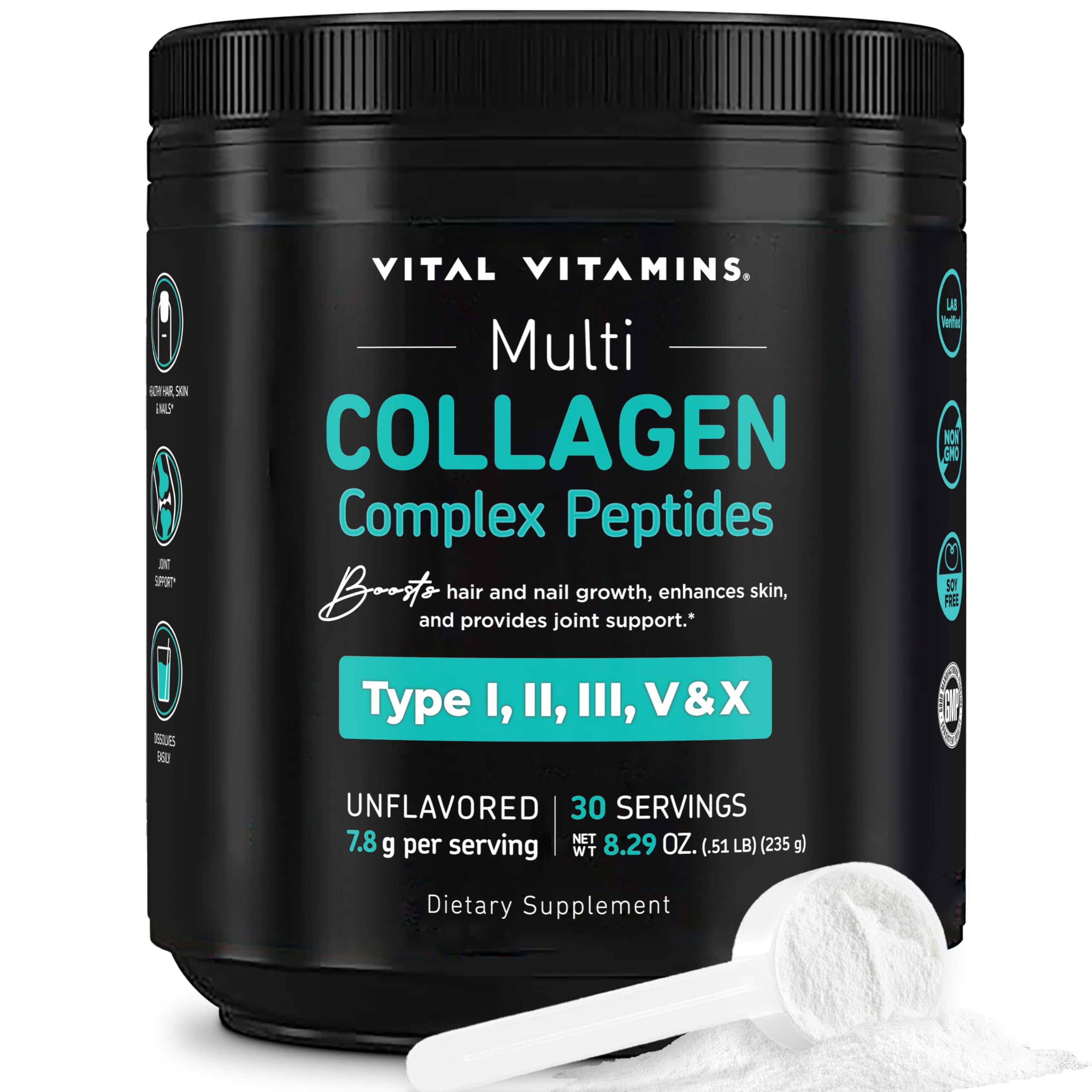Vital Vitamins Multi Collagen Peptides Powder - Unflavored, Easy to Dissolve - Type I, II, III, V, X - for Women & Men - Promotes Hair, Skin, Nails, & Joint Health - 30 Servings