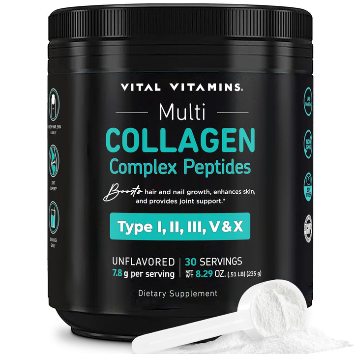 Vital Vitamins Multi Collagen Peptides Powder - Unflavored, Easy to Dissolve - Type I, II, III, V, X - for Women & Men - Promotes Hair, Skin, Nails, & Joint Health - 30 Servings