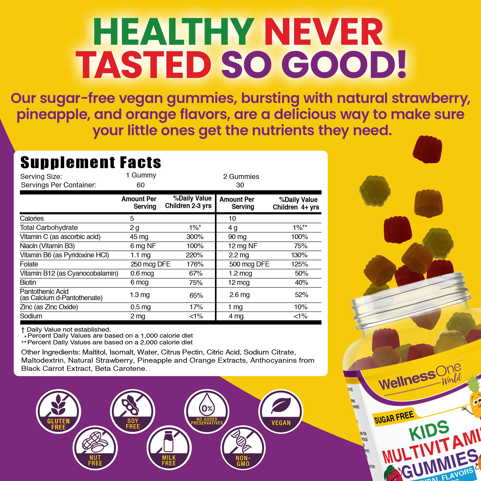 WellnessOne Kids Multivitamin Gummies - Sugar-Free Immune Support Supplement Packed with Vitamin C, B6, B12, Folic Acid & More - Natural Strawberry, Pineapple & Orange Flavors - 60 Gummy Vitamins