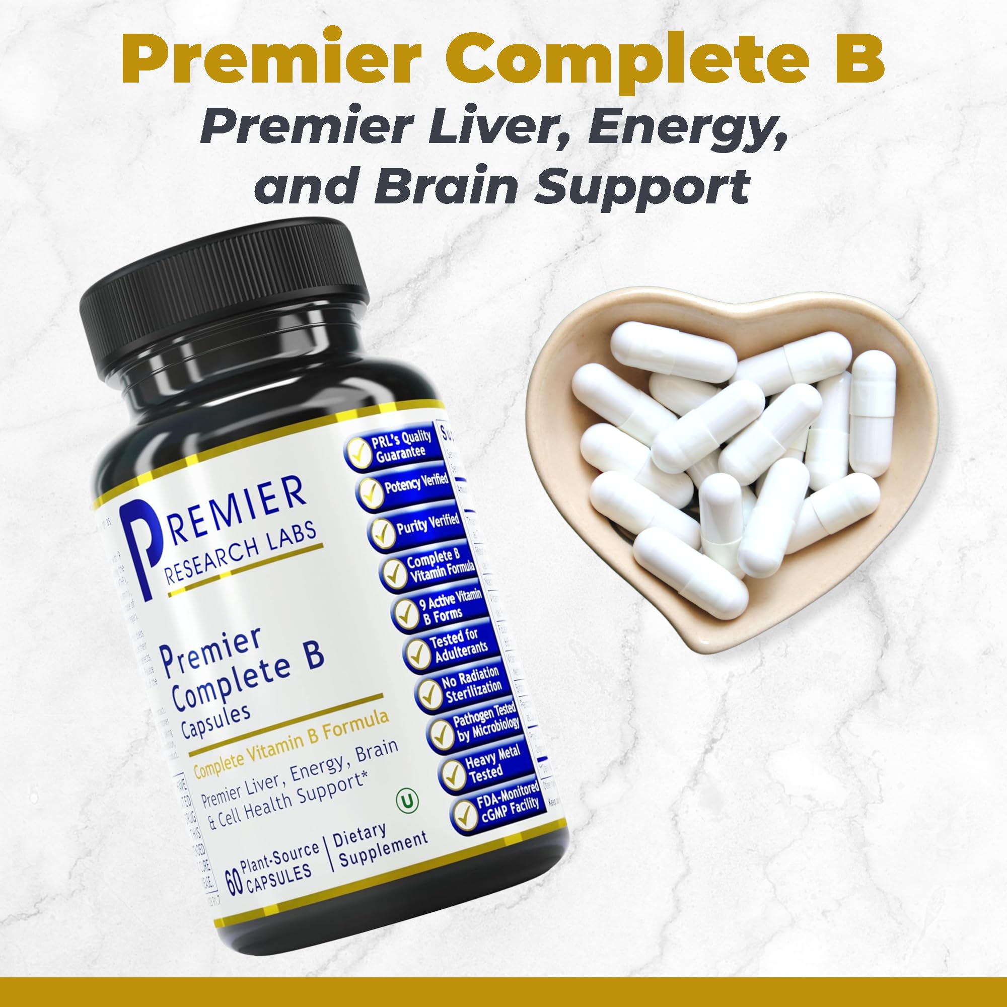 Premier Research Labs Complete B: Vitamin B Complex Supplement for Optimal Health | Vitamin B Supplement with Biotin | 9 Active B Vitamins | for Liver, Energy & Brain Support - 60 Capsules