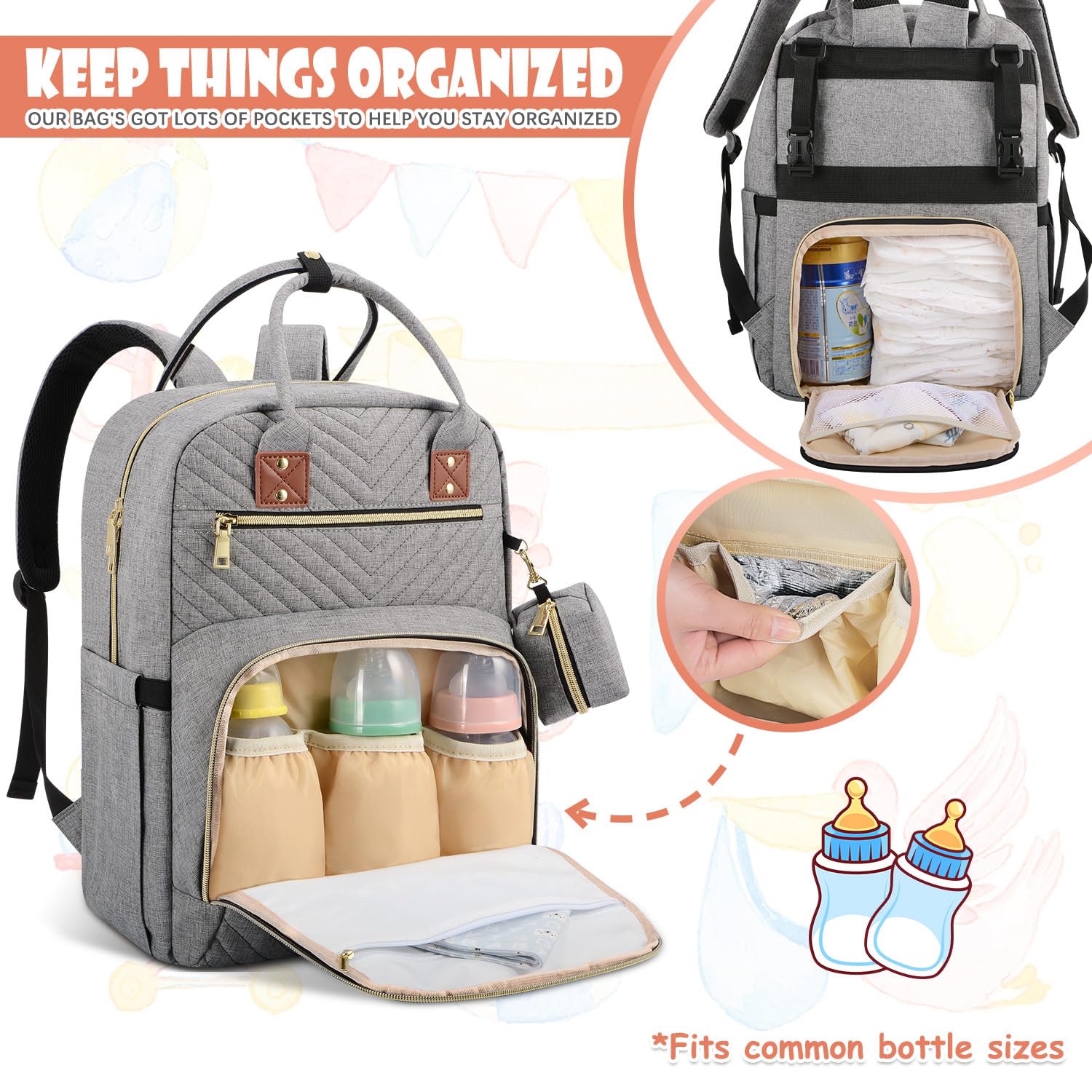 Tenot Baby Diaper Bag Backpack, Travel Diaper Bags for Baby Girl Boy Large Capacity Baby Bag Backpack for Women Grey