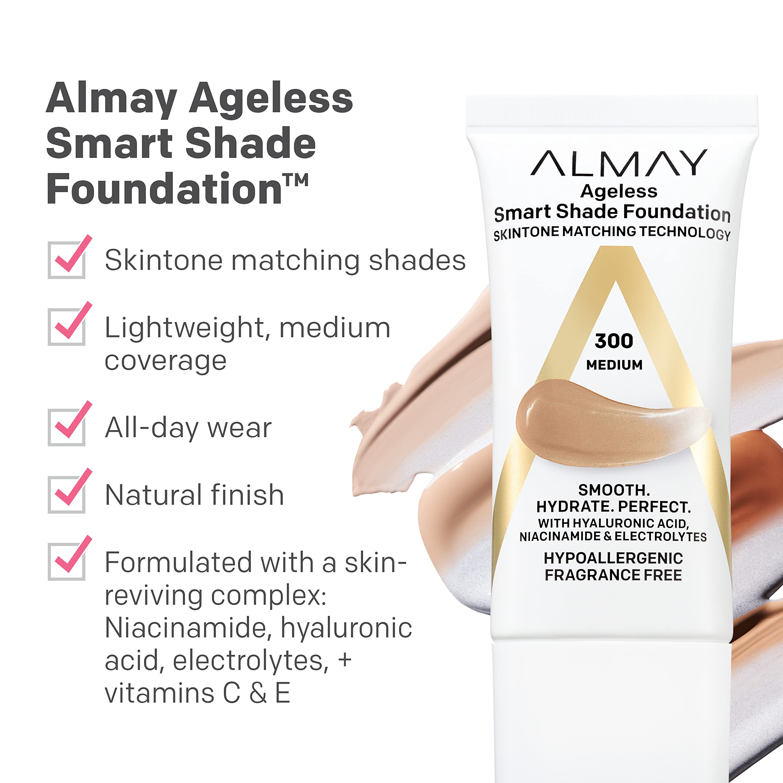 Almay Anti-Aging Foundation, Smart Shade Face Makeup with Hyaluronic Acid, Niacinamide, Vitamin C & E, Hypoallergenic, -Fragrance Free, 400 Beige, 1 Fl Oz (Pack of 1)