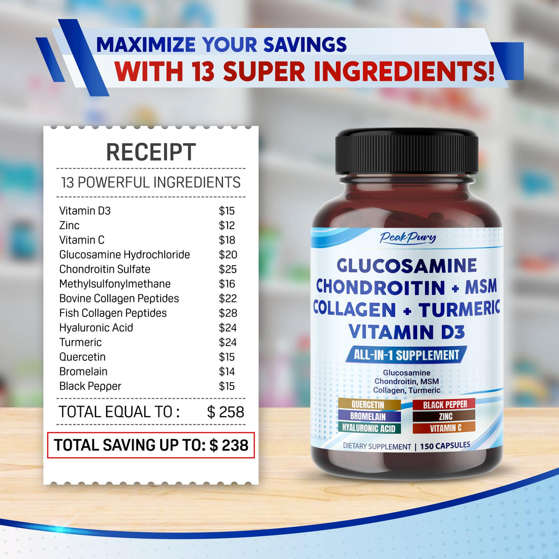 PEAKPURY Glucosamine Chondroitin MSM Collagen Turmeric - Joint Health Support- Made in USA