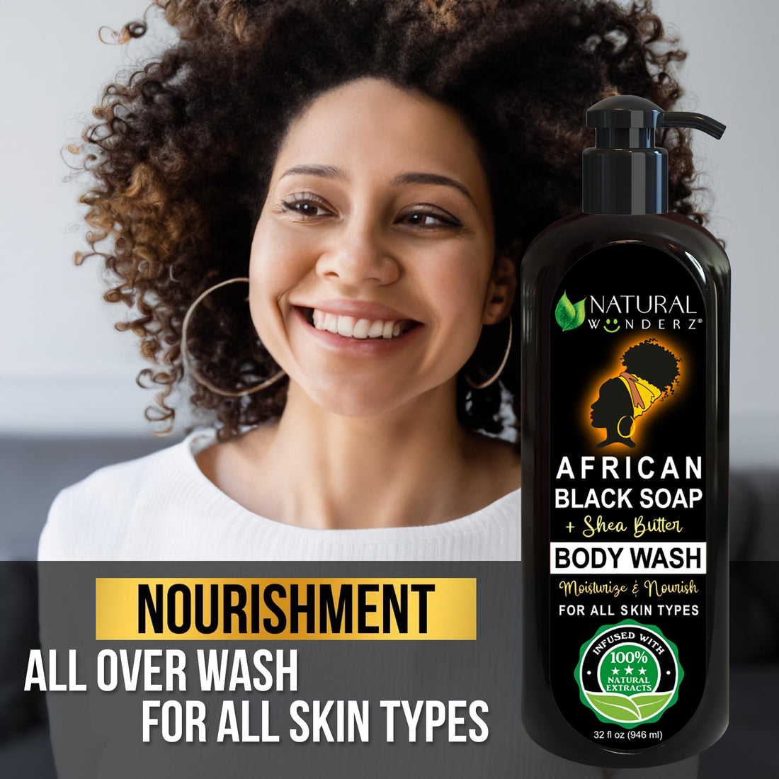 Natural Wunderz Body Wash with African Black Soap and Shea Butter, 32 Fl Oz Shower Gel, Promotes Acne Treatment, Contains All Natural Extracts, Vegan, and Sulfate-Free Body Scrub