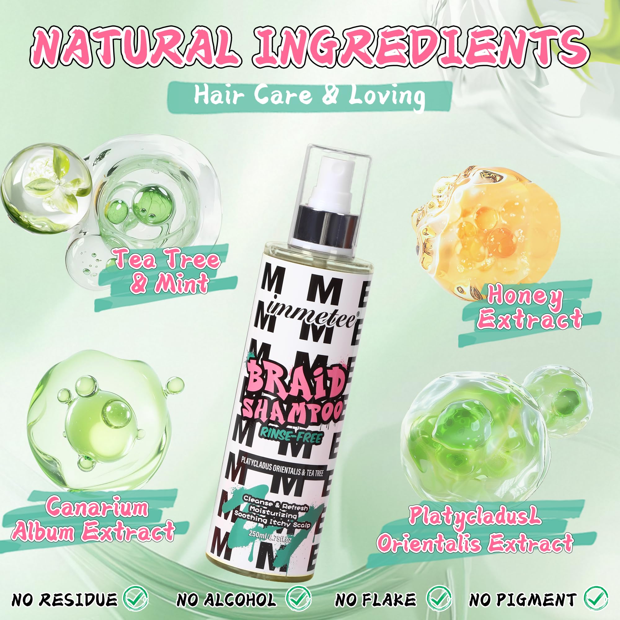 immetee No Rinse Shampoo for Braids & Dreadlock,with Aloe Vera,Olive Oil & Tea Tree Oil,Moisturizing Rinse Free Braid Shampoo Spray Eliminates Odor & Itch 250ml/8.79oz