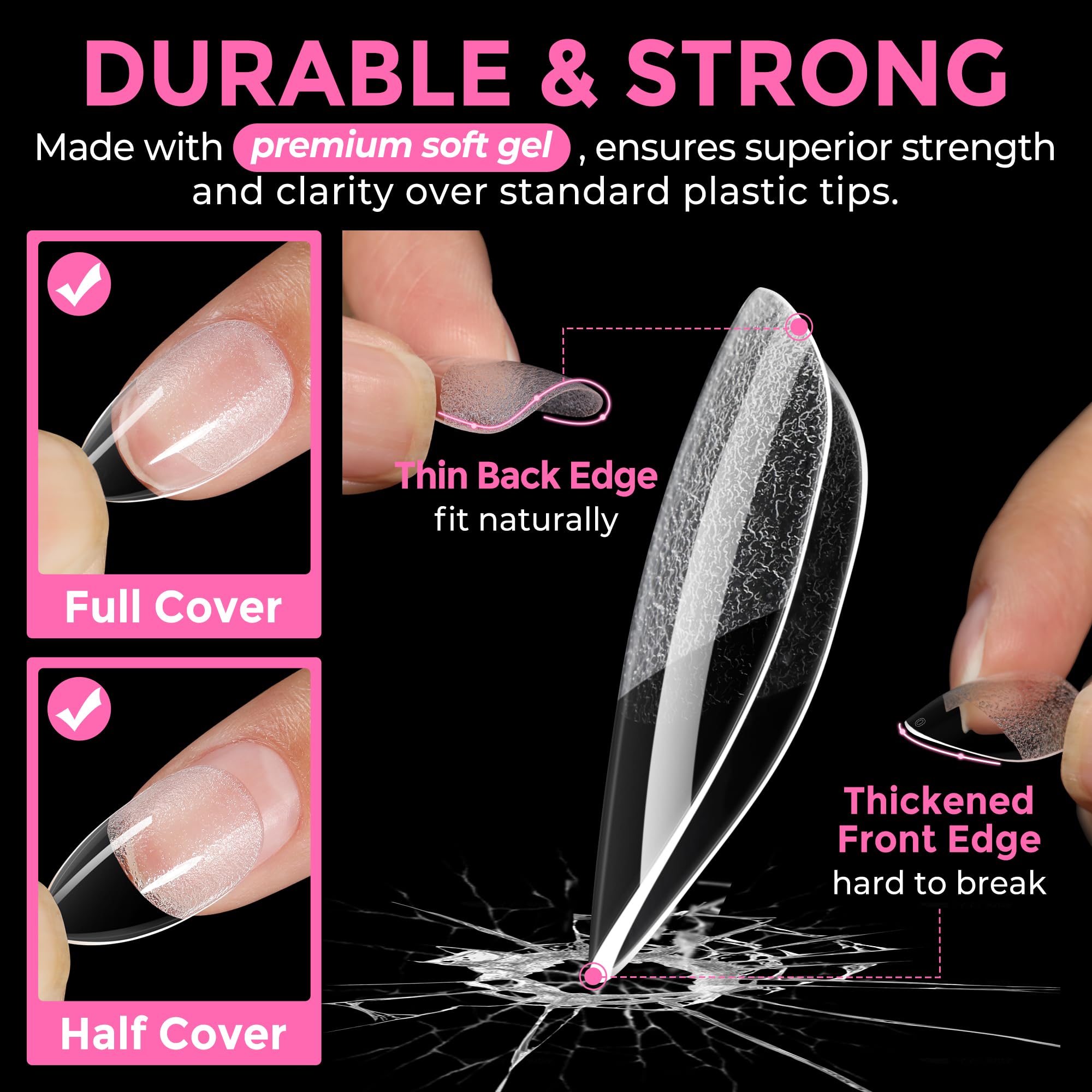 UNA GELLA Short Almond Fake Nails 216pcs Pre-shape Gel Acrylic Nail Tips for Full Cover Nail Extension Home DIY Nail Salon 12 Sizes Gelly Tips