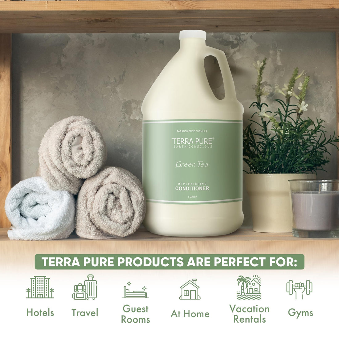 Terra Pure Green Tea Hotel Conditioner | 1 Gallon | for Hospitality & Vacation Rentals to Refill Dispensers | (Single Gallon)