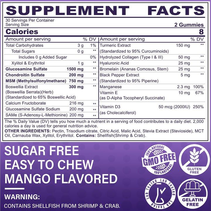 Glucosamine Chondroitin Gummies with MSM, Boswellia Turmeric, Hydrolyzed Collagen & Hyaluronic Acid, Extra Strength Supplement for Mobility, Comfort, Flexibility, Cartilage and Bone Health, 120 Cts