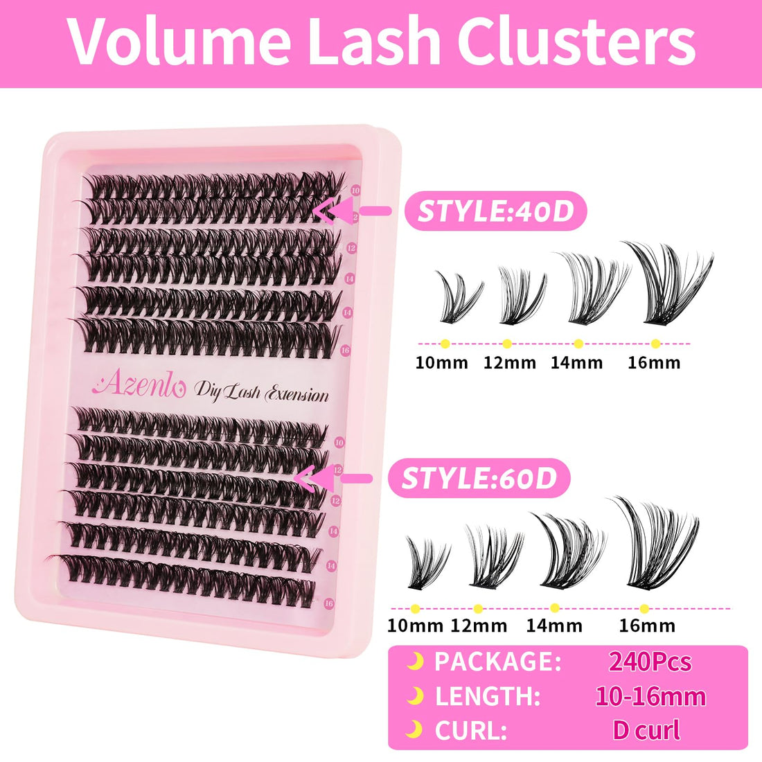 Azenlo Lash Extensions Cluster DIY Lashes 240pcs 40D 60D 10-16mm Eyelash Clusters Individual Lashes Lash Kit Think Band Lash Kit(40D+60D Kit)