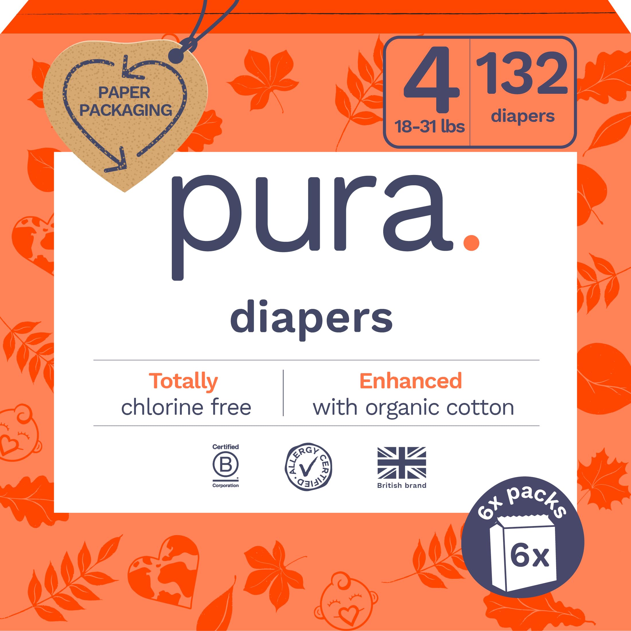 Pura Size 4 Eco-Friendly Diapers (18-31 lbs) Hypoallergenic, Soft Organic Cotton, Sustainable, up to 12 Hours Leak Protection, Allergy UK, Recyclable Packaging, 6 Packs of 22 (132 Diapers)