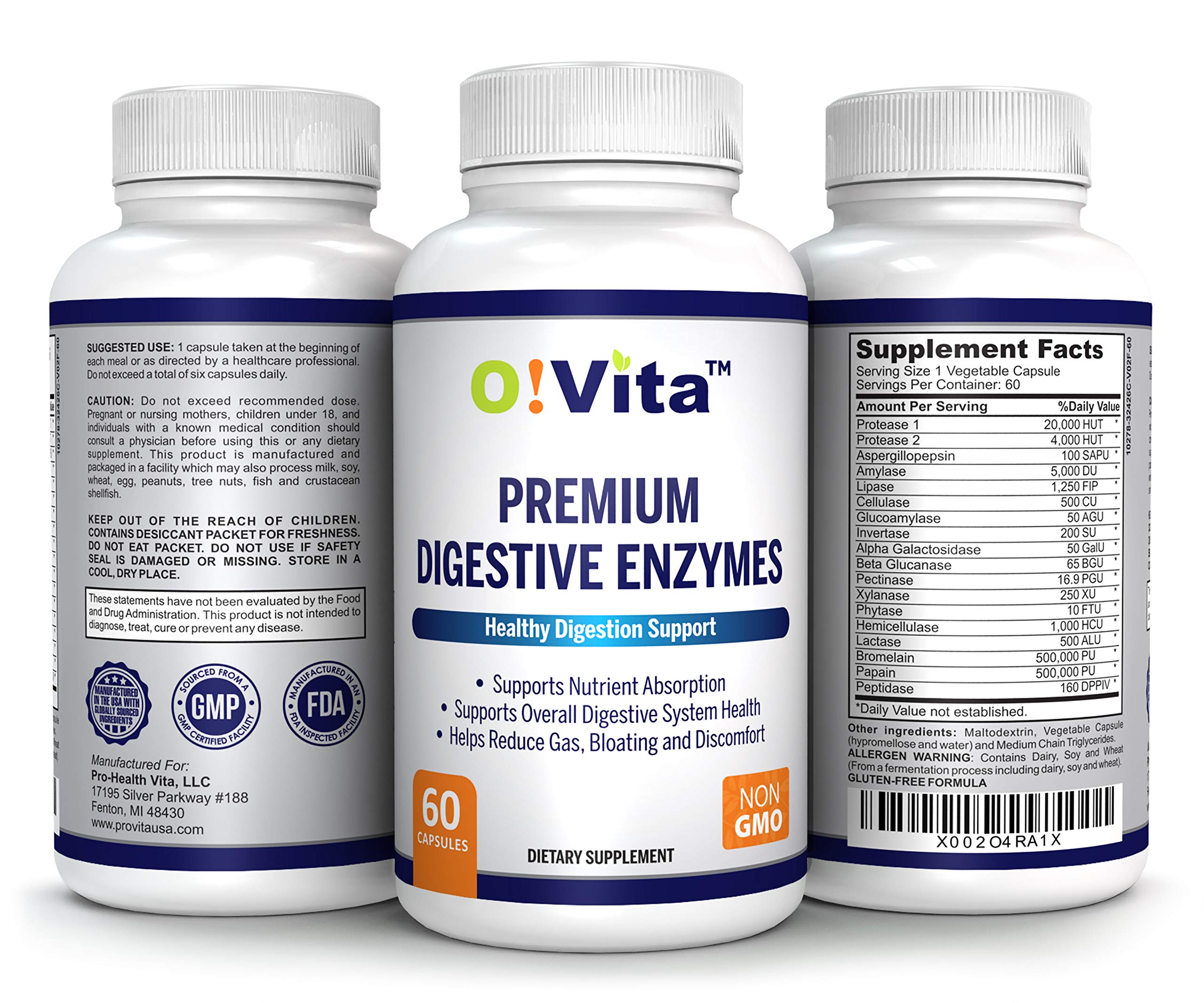 O!VITA Premium Digestive Enzymes with Plant-Based enzymes, Supports Better Digestion, Better Nutrient Absorption (60 Non-GMO Vegetable Capsules)