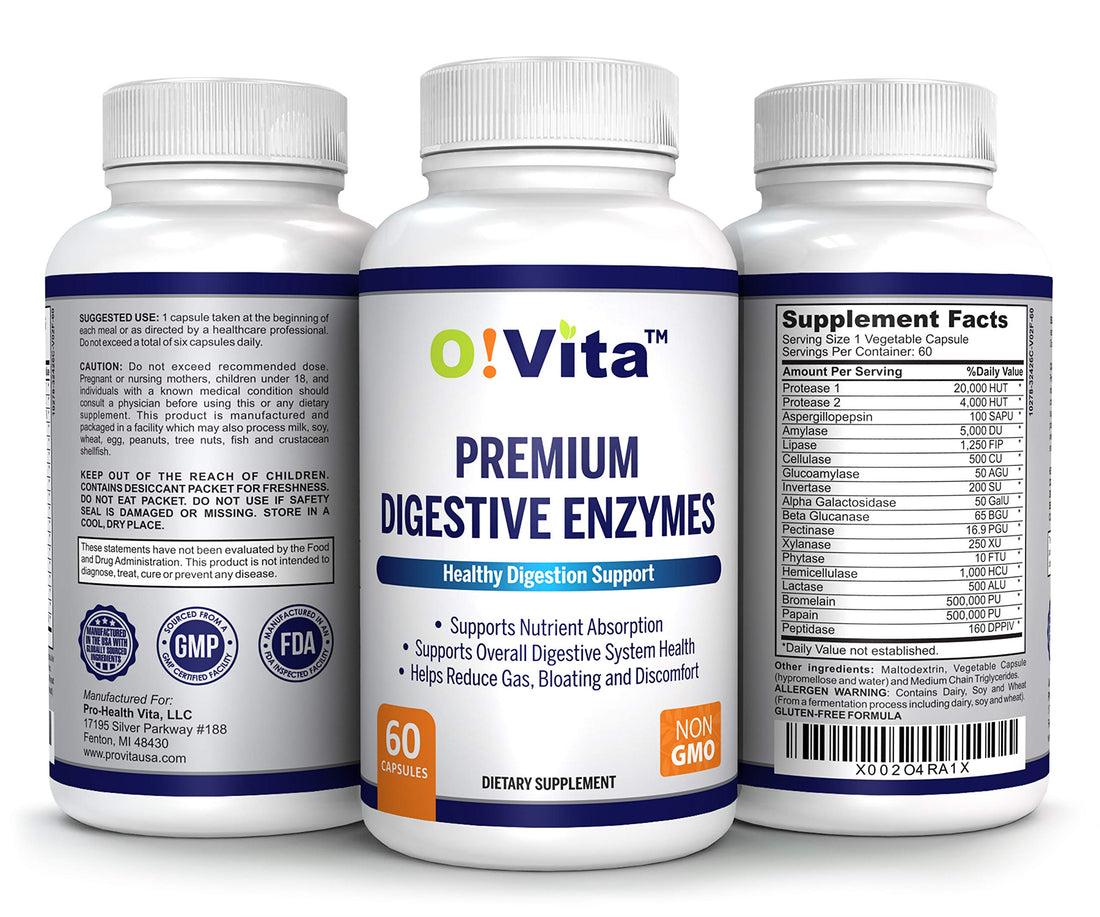 O!VITA Premium Digestive Enzymes with Plant-Based enzymes, Supports Better Digestion, Better Nutrient Absorption (60 Non-GMO Vegetable Capsules)