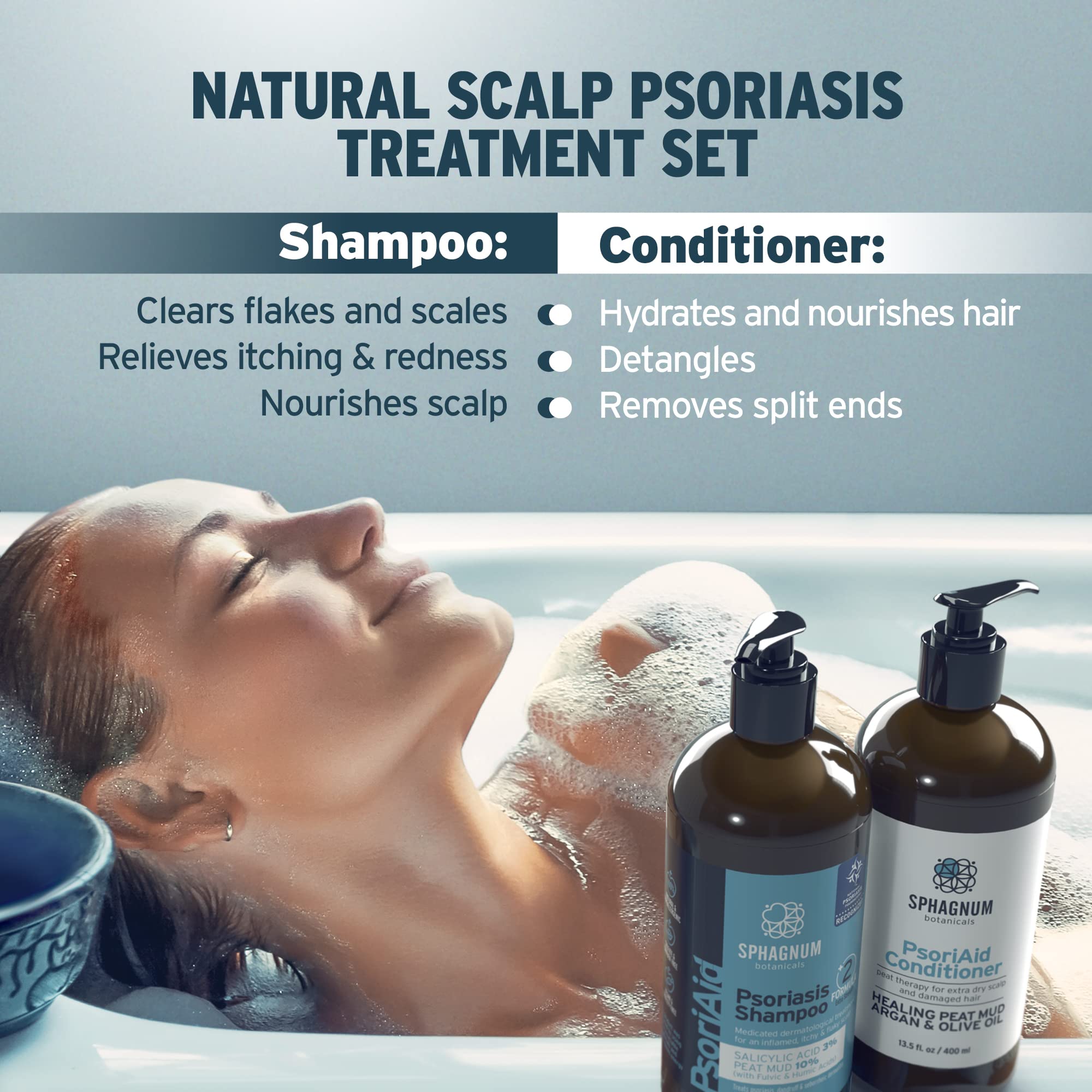 Sphagnum Botanicals Medicated Psoriasis Shampoo and Conditioner Set - Salicylic Acid 3% and Peat Mud Shampoo together with Argan and Olive Oil Condtioner. 2 x 13.5 fl. Oz