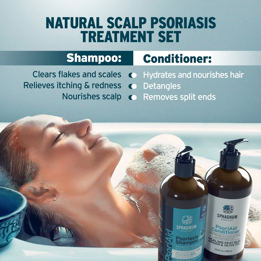 Sphagnum Botanicals Medicated Psoriasis Shampoo and Conditioner Set - Salicylic Acid 3% and Peat Mud Shampoo together with Argan and Olive Oil Condtioner. 2 x 13.5 fl. Oz