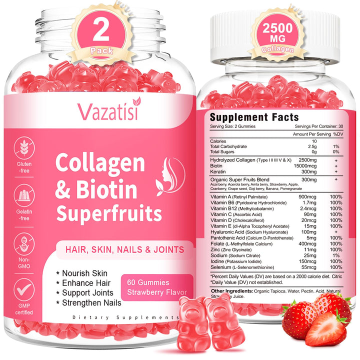 2 Pack Sugar Free Collagen Gummies for Women Men, Multi Collagen Peptides Gummies Type I II III V X with Biotin Vitamin A B C D E for Hair Skin Nails, Strawberry Flavor, 120 Count