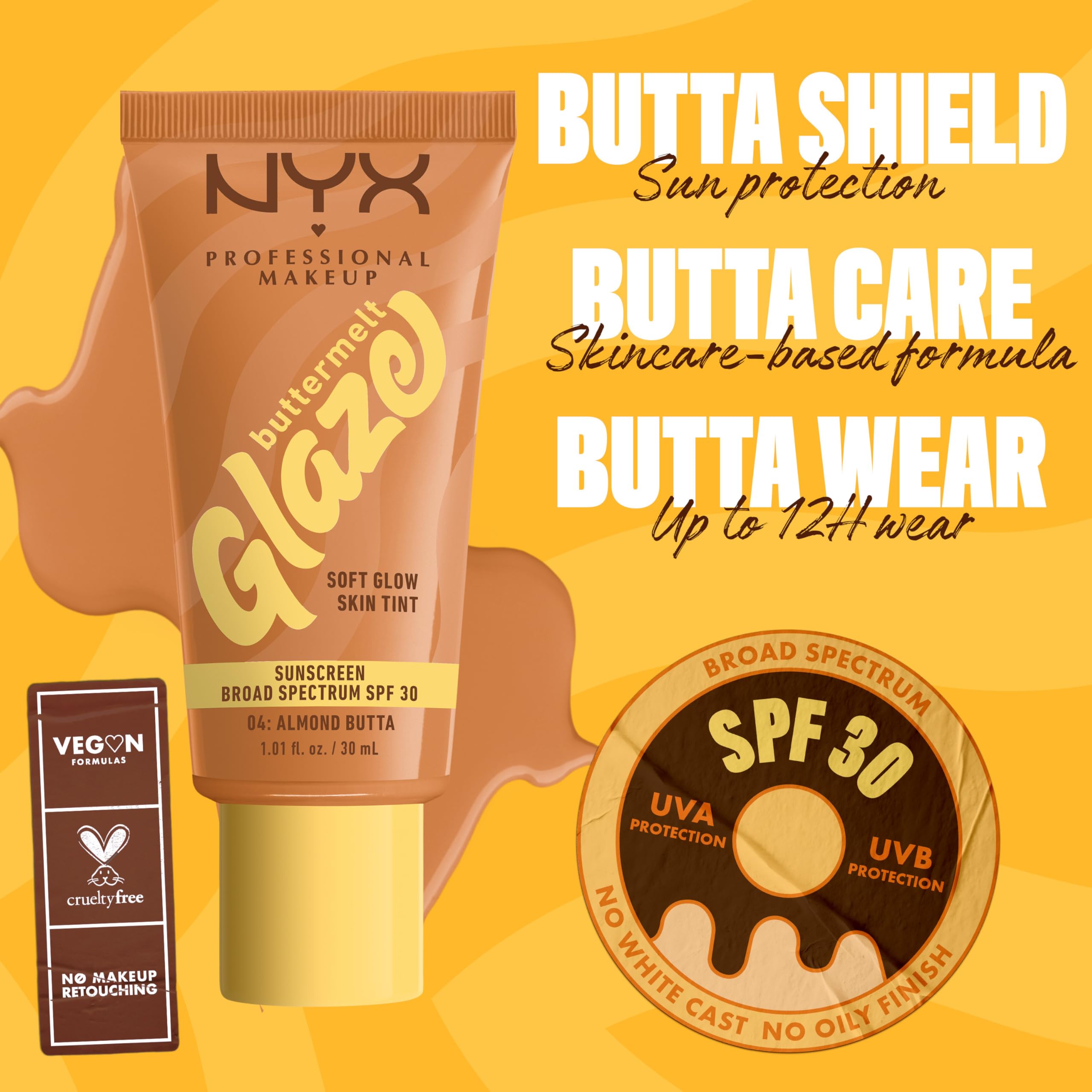 NYX PROFESSIONAL MAKEUP Buttermelt Glaze Soft Glow Skin Tint + SPF 30, Up To 12HR Wear, 04 Almond Butta