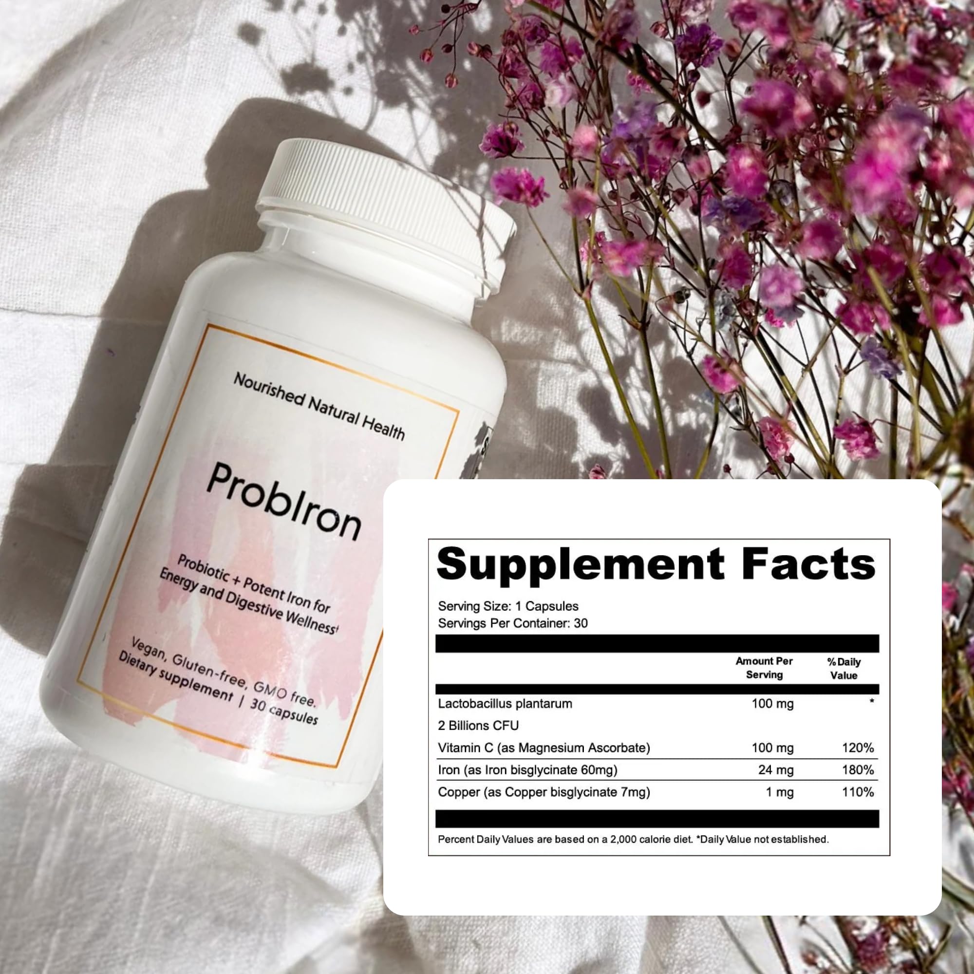 Nourished Natural ProbIron - Women's Probiotic + Iron Supplement Boosted with Vitamin C and Copper - Vegan Formula for Energy and Digestive Wellness - 90 Capsules