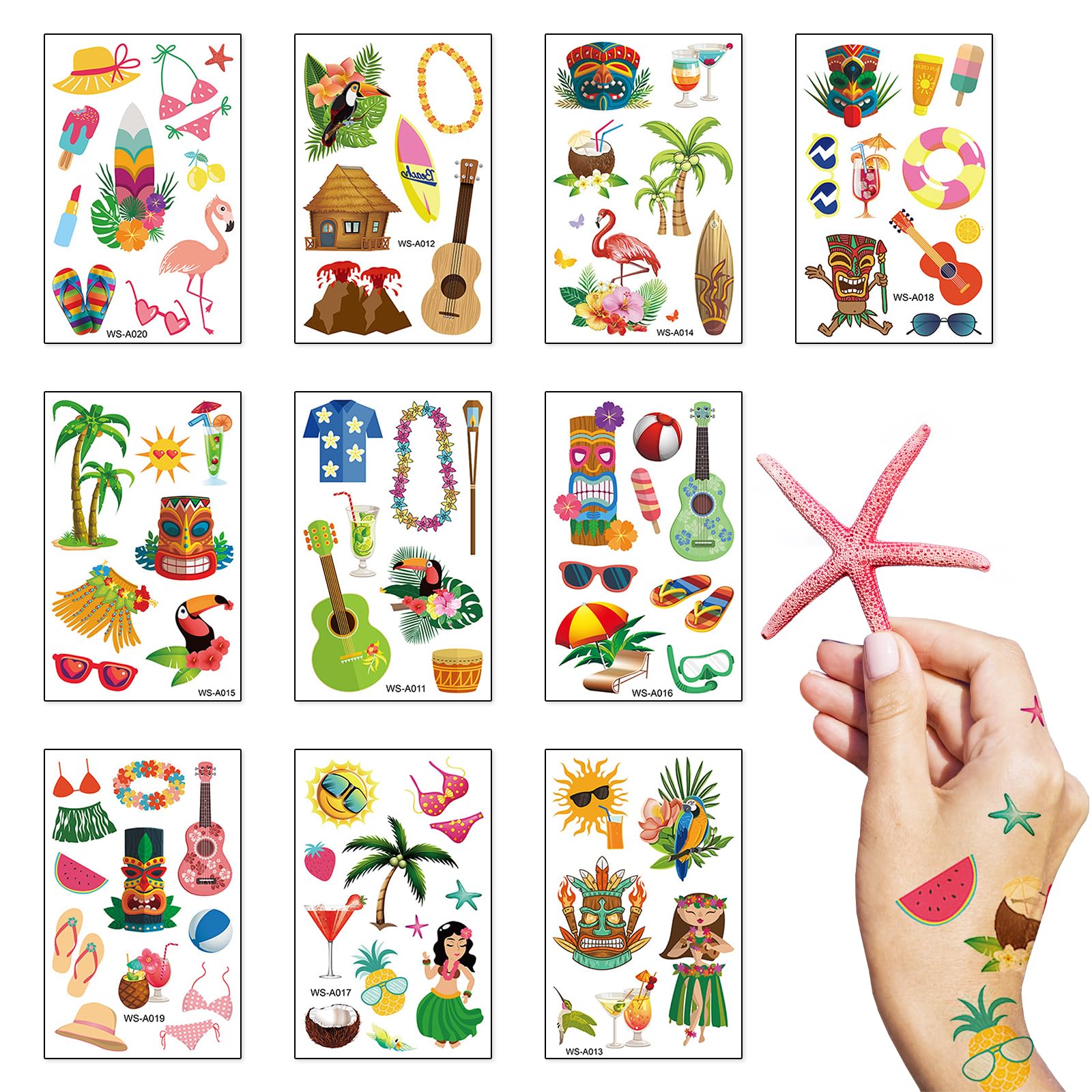 LANGFON 10 Sheet Summer Hawaii Temporary Tattoos Aloha Tropical Temporary Tattoo Sticker Waterproof Beach Hula Palm Tree Flamingo Fake Tattoo for Women Girl Birthday Summer Hawaii Party Favor Supplies