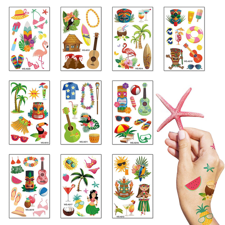 LANGFON 10 Sheet Summer Hawaii Temporary Tattoos Aloha Tropical Temporary Tattoo Sticker Waterproof Beach Hula Palm Tree Flamingo Fake Tattoo for Women Girl Birthday Summer Hawaii Party Favor Supplies