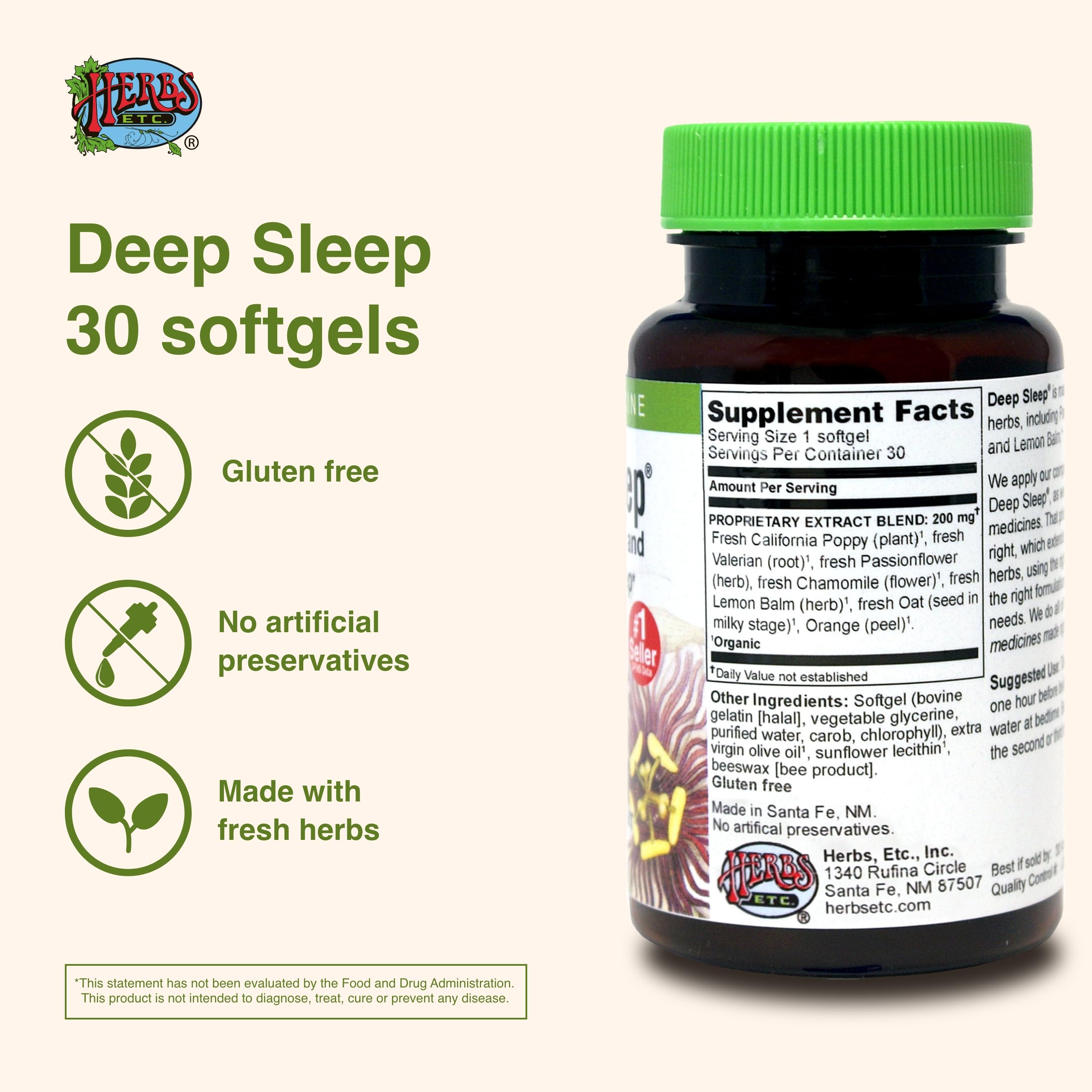 Herbs Etc. Deep Sleep Softgels - Herbal Sleep Support Supplement - Rest & Calming Support with Passionflower, Chamomile & Lemon Balm - 30 Softgels (30 Servings)