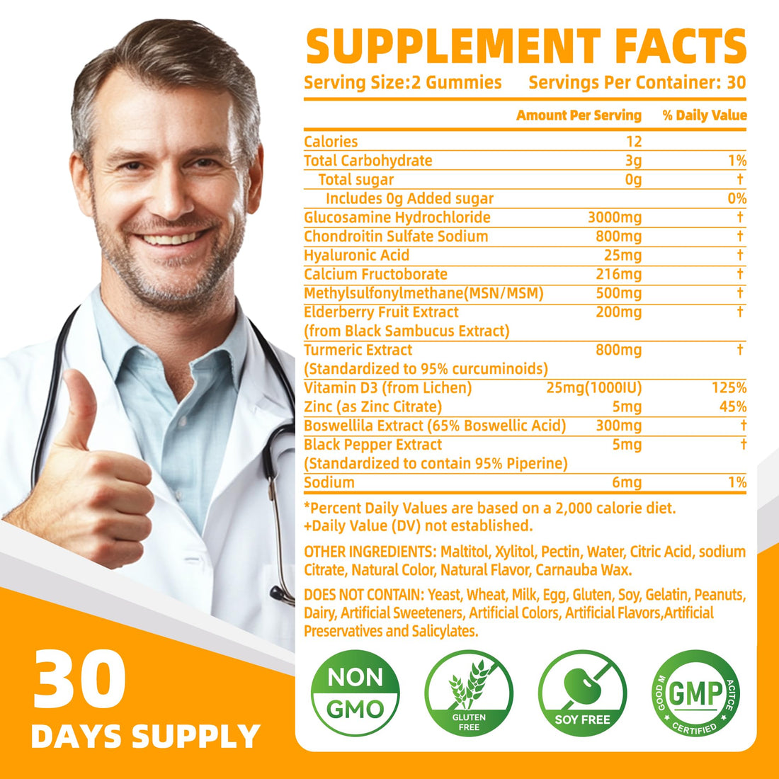 Nutravita Glucosamine Chondroitin Gummies with MSM & Elderberry Extra Strength - Joint Support, Antioxidant Immune Support Supplement for Adults, Men & Women.60 Orange Chews