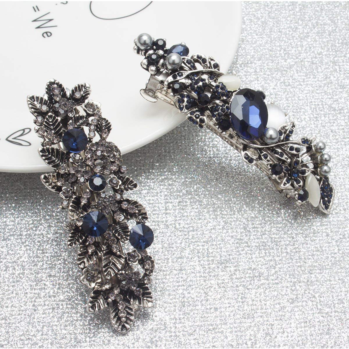 Kicosy Barrettes for Women 3 Pack Vintage Shining Rhinestone Hair Barrettes Metal Flower Butterfly French Clip Faux Crystal Hair clip Spring Hair Barrette,Black and Navy Blue
