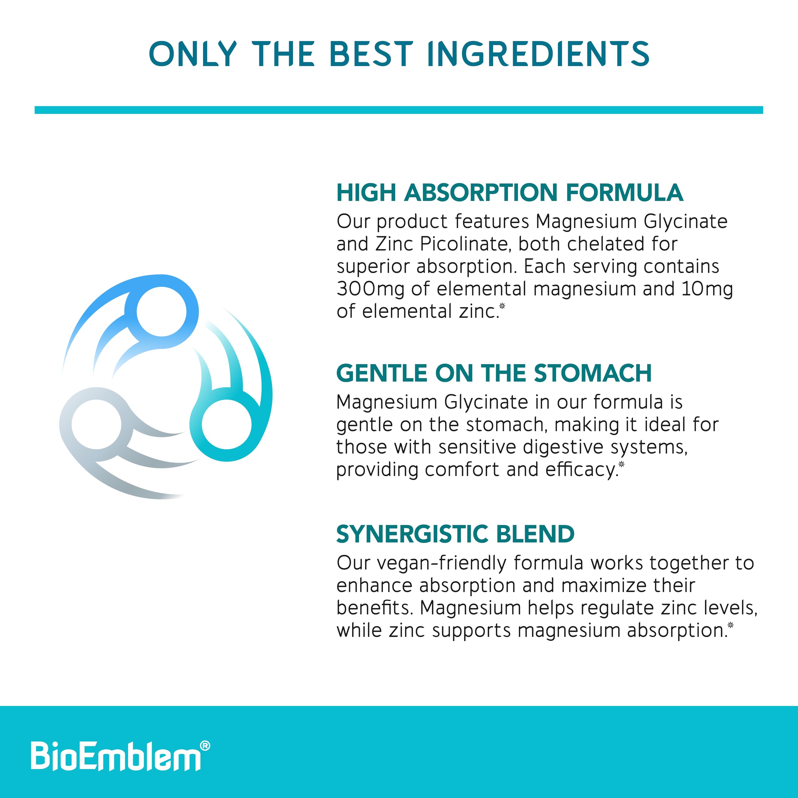 BioEmblem Magnesium Glycinate with Zinc - 300mg Chelated Magnesium Supplement - High Absorption Vegan Non-GMO 2-in-1 Complex - Immune Support, Muscles, Nerves - 90 Capsules
