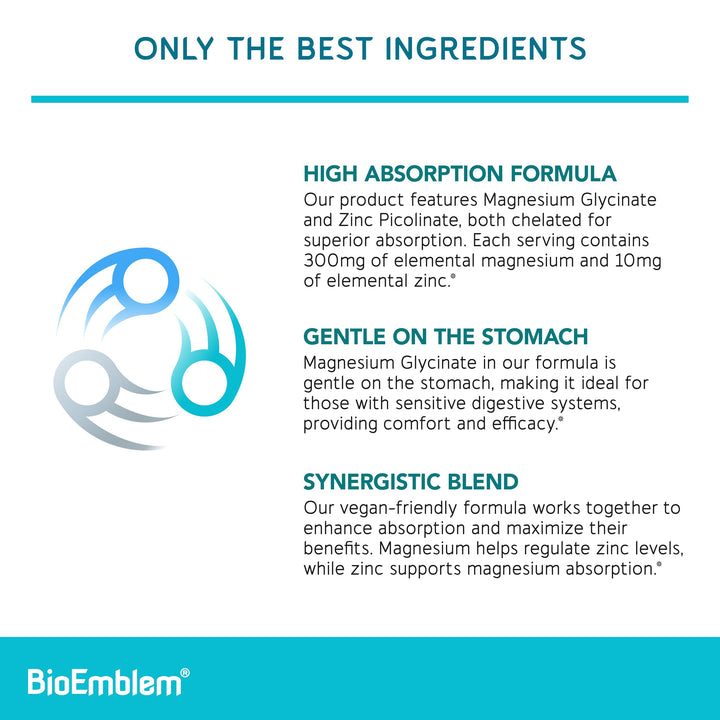 BioEmblem Magnesium Glycinate with Zinc - 300mg Chelated Magnesium Supplement - High Absorption Vegan Non-GMO 2-in-1 Complex - Immune Support, Muscles, Nerves - 90 Capsules
