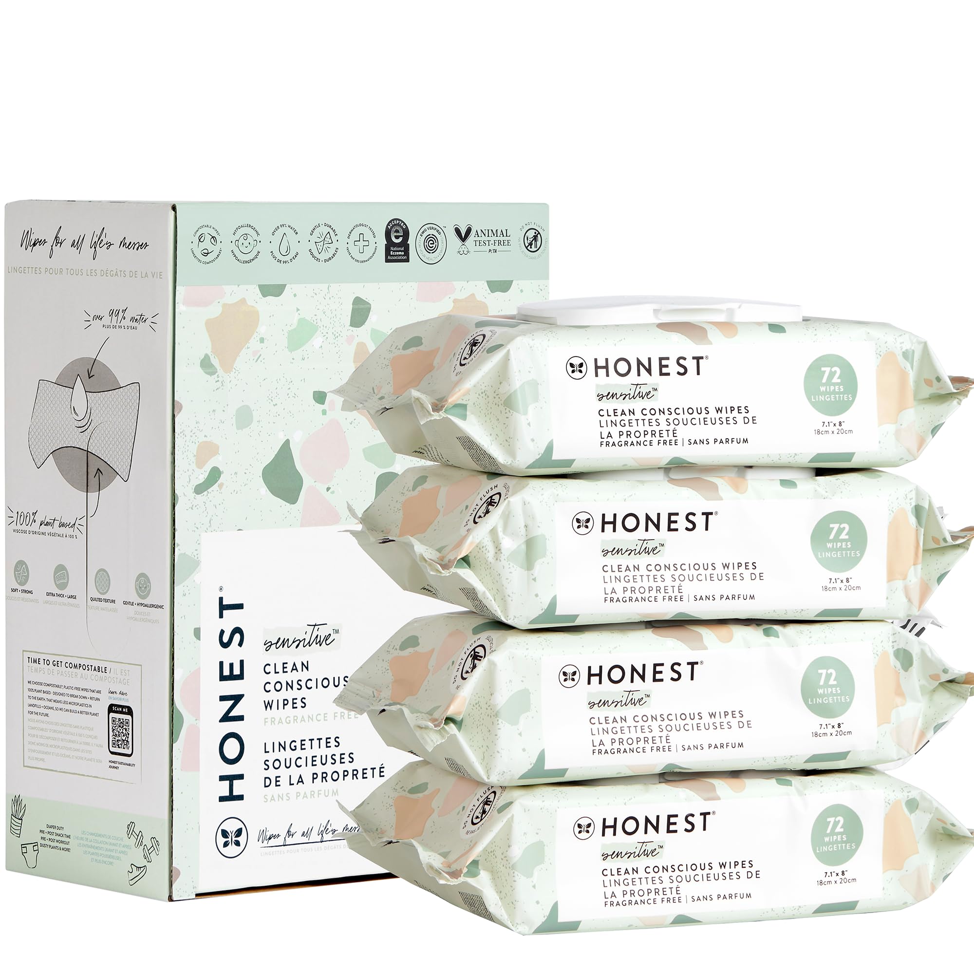 The Honest Company Clean Conscious Multi-Use Wipes | Hypoallergenic + Unscented for Sensitive Skin | Over 99% Water, Compostable, Plant Based, Baby Wipes | Geo Mood, 288 Count