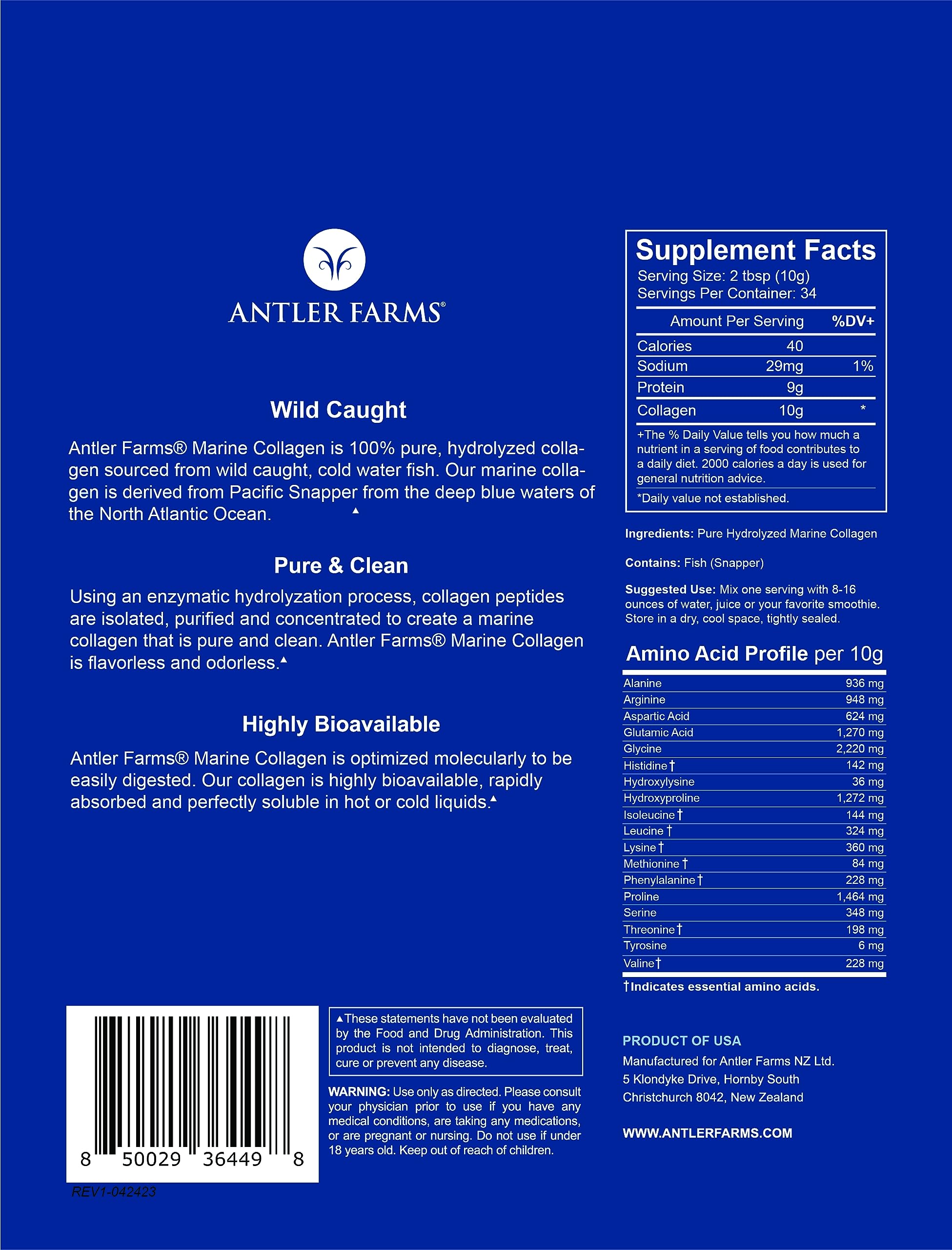 Antler Farms - 100% Pure, Clean Marine Collagen Powder from Wild Caught Pacific Snapper, 12 oz – Soluble in Hot or Cold Liquids, Highly Bioavailable, Rapid Absorption, No Taste or Smell