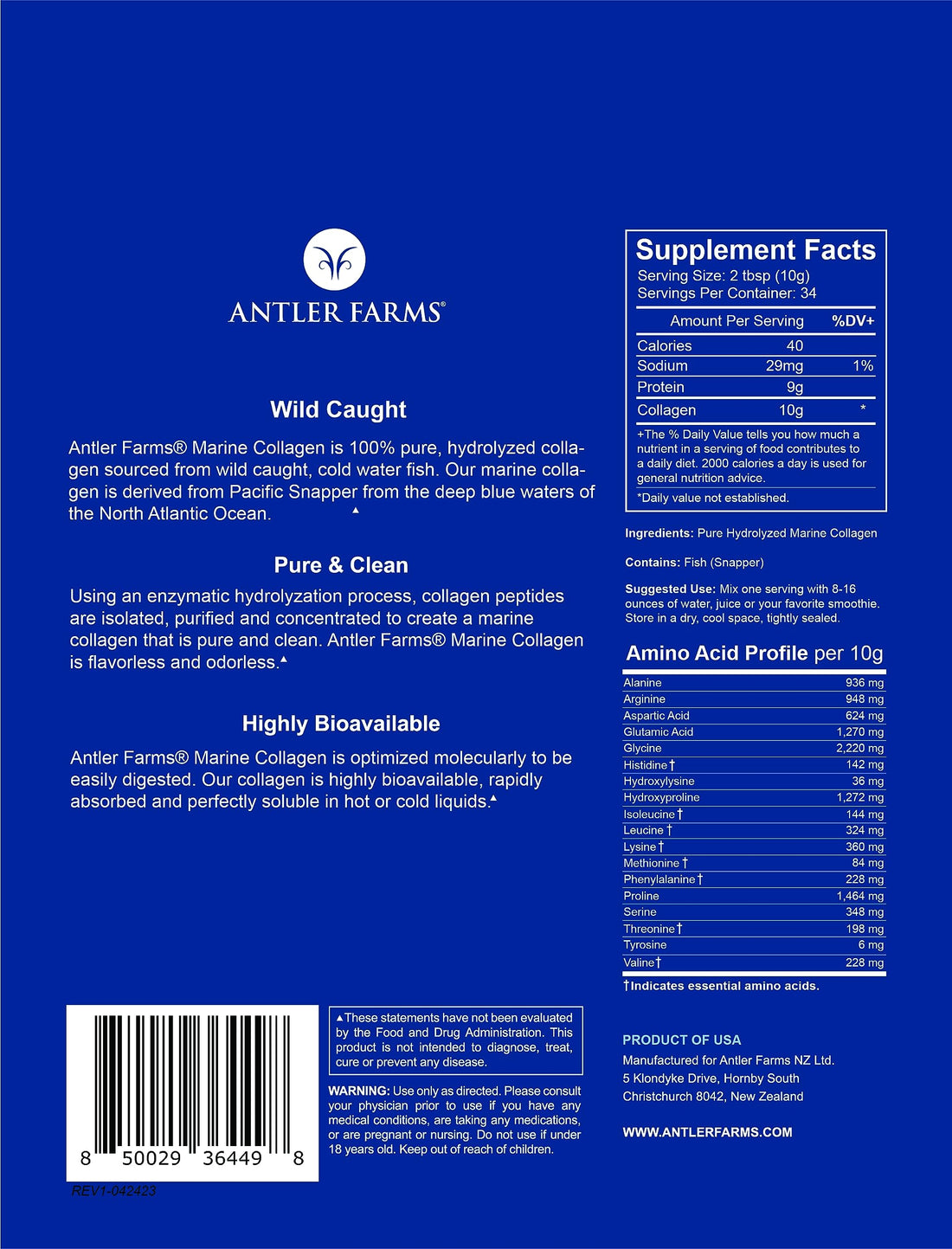 Antler Farms - 100% Pure, Clean Marine Collagen Powder from Wild Caught Pacific Snapper, 12 oz – Soluble in Hot or Cold Liquids, Highly Bioavailable, Rapid Absorption, No Taste or Smell