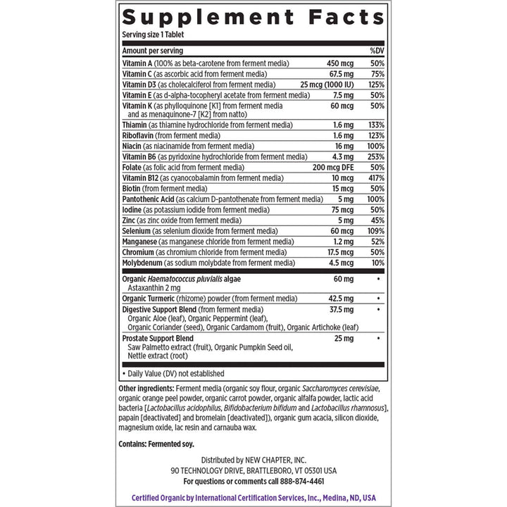 New Chapter Multivitamin for Men 50 Plus - Every Man's One Daily 55+ with Fermented Probiotics + Whole Foods + Astaxanthin + Organic Non-GMO Ingredients - 90 ct