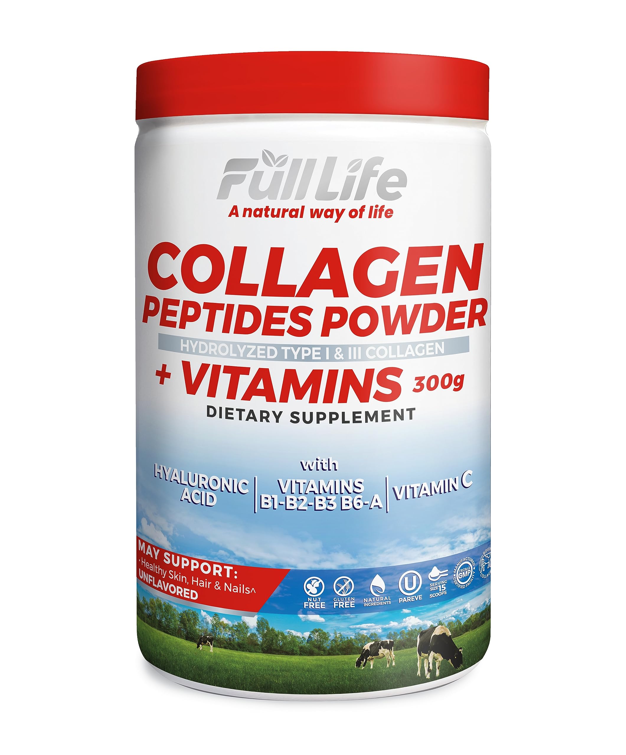 Full Life Collagen Peptides Powder - Bovine Collagen Supplement with Hyaluronic Acid - Hydrolyzed Collagen Powder for Women and Men - Kosher, Gluten-Free - 300g