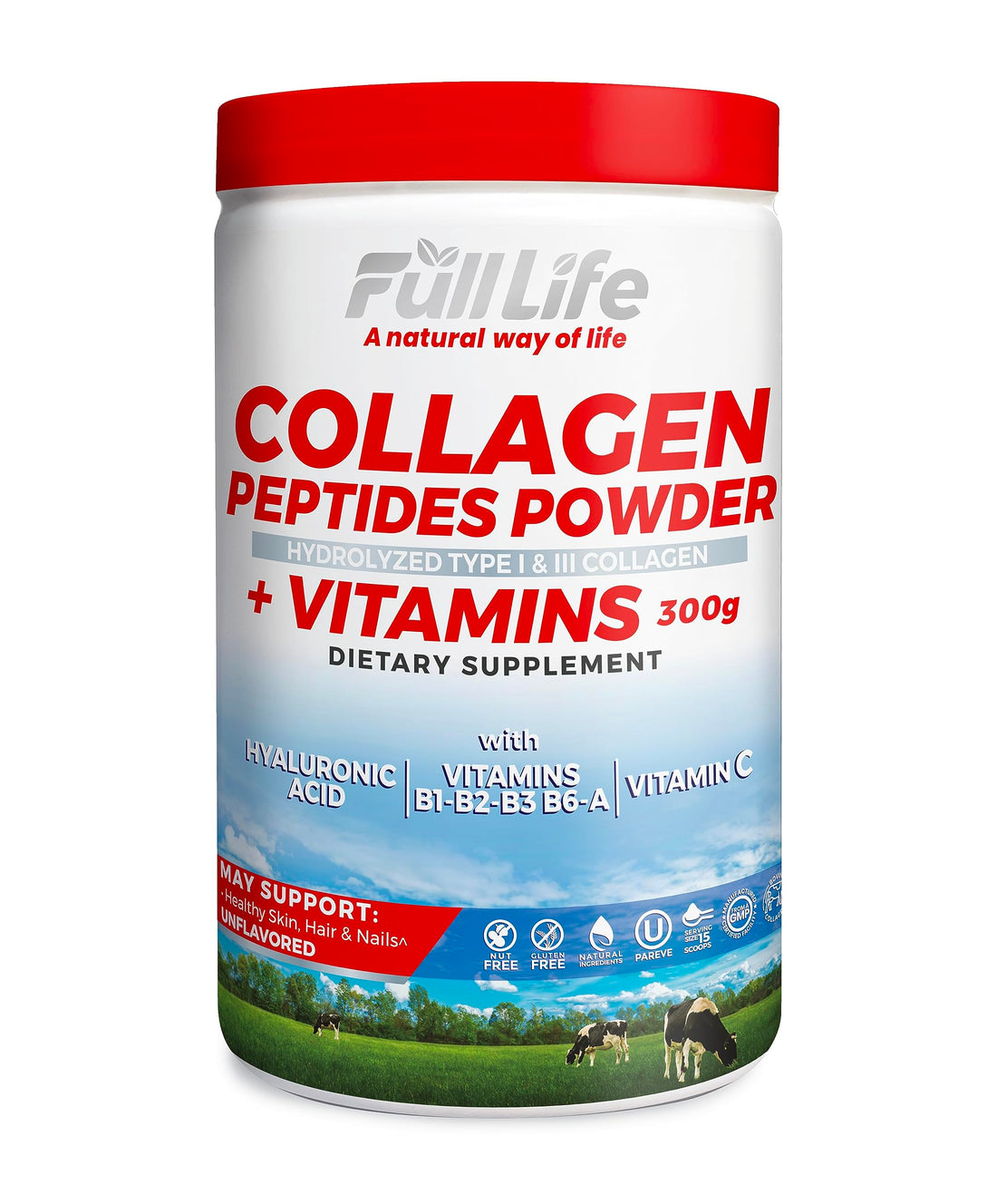 Full Life Collagen Peptides Powder - Bovine Collagen Supplement with Hyaluronic Acid - Hydrolyzed Collagen Powder for Women and Men - Kosher, Gluten-Free - 300g