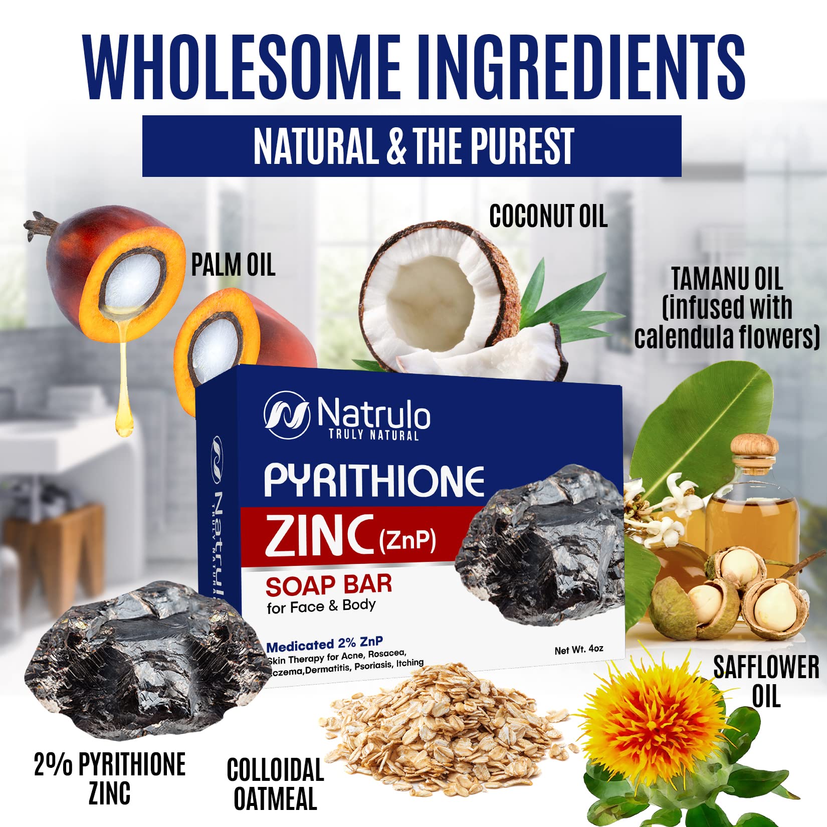 Herblov Pyrithione Zinc Soap Bar for Face & Body, 4oz | 2% ZnP Bar Soap Skin Therapy Cleanser for Acne, Rosacea, Eczema, Dermatitis, Psoriasis, Itching | Cleansing, Calming Facial Wash | Made in USA