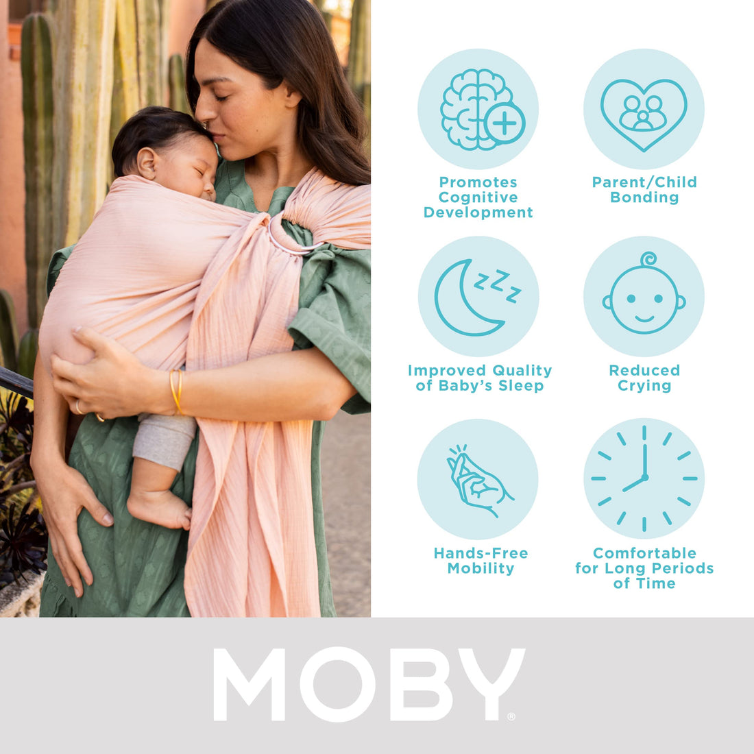 Moby Baby Wrap Carrier Ring Sling for Newborns to Toddlers, Hands-Free, Versatile Support for Moms & Dads, Breathable & Lightweight, Supports Children 8-30 lbs (Rose)