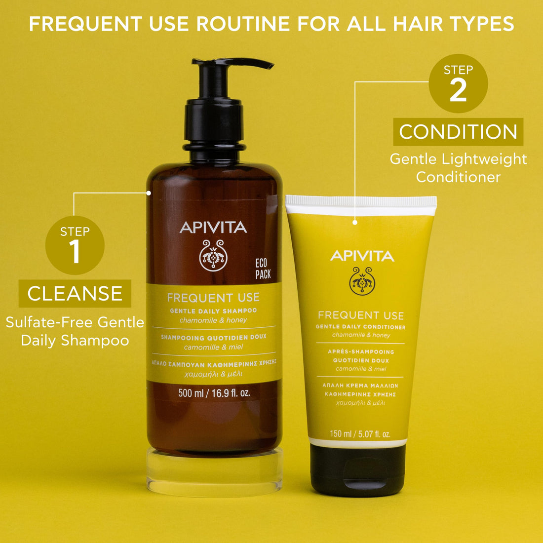 Apivita Frequent Use Gentle Daily Shampoo 500ml - Natural Sulfate-Free and Paraben-Free Shampoo with Chamomile and Honey - Hydrates, Offers Softness and Elasticity, Helps Prevent Split Ends